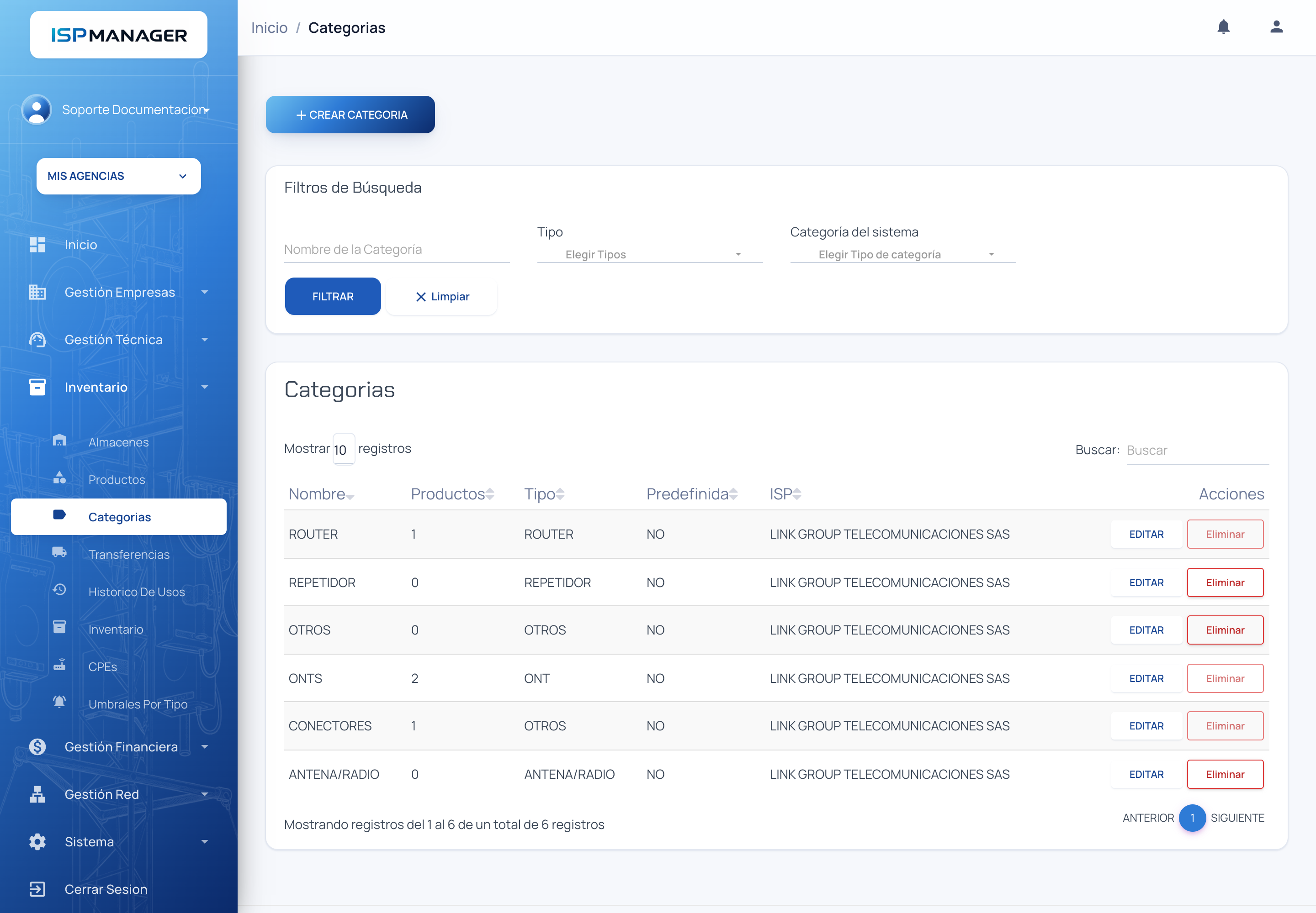 Pantalla de Categorías con el botón Crear Categoria, los filtros y la lista de categorías del operador