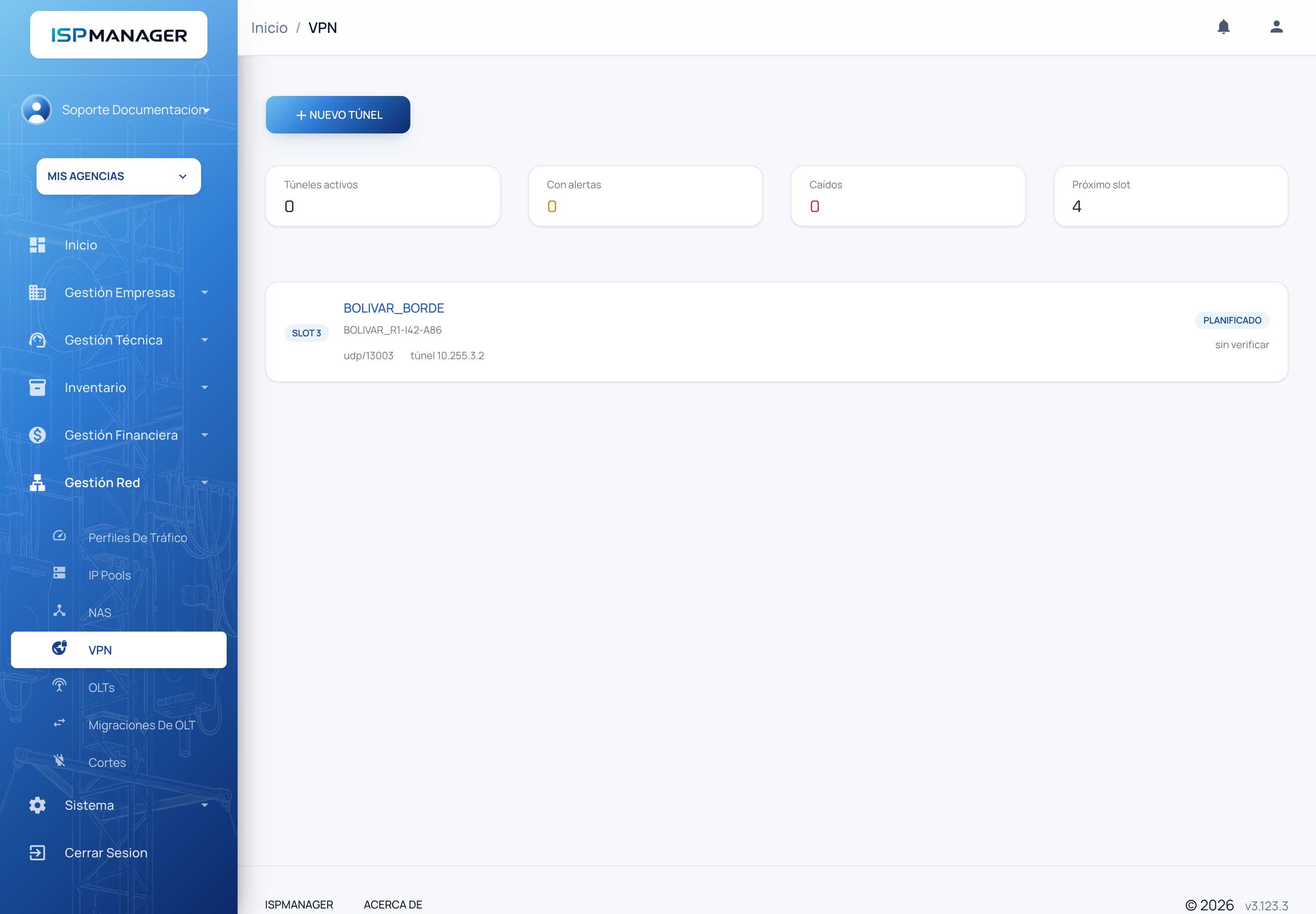 Listado de túneles VPN con los indicadores y un túnel planificado