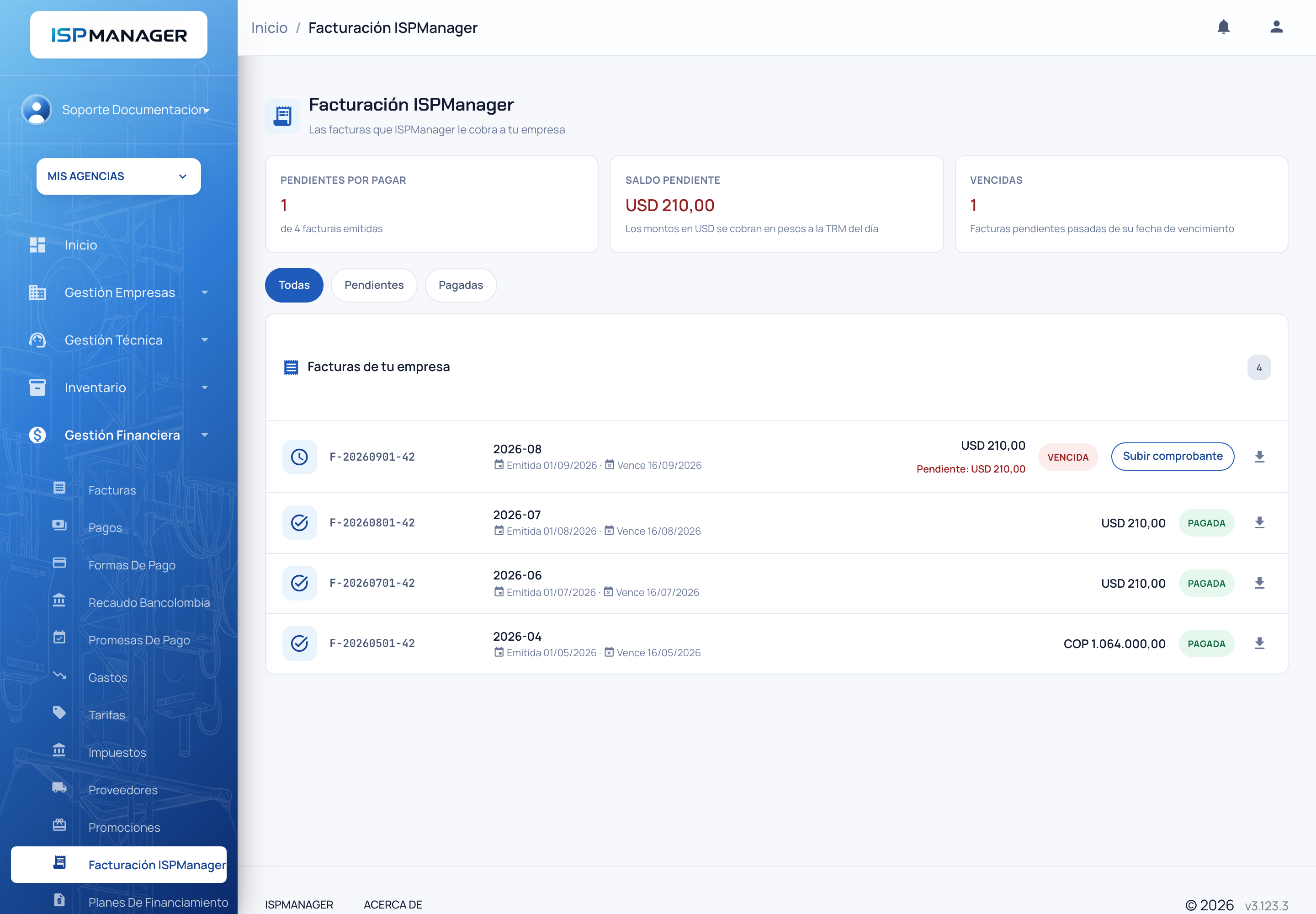 Pantalla Facturación ISPManager con los indicadores, los filtros y la lista de facturas de la empresa
