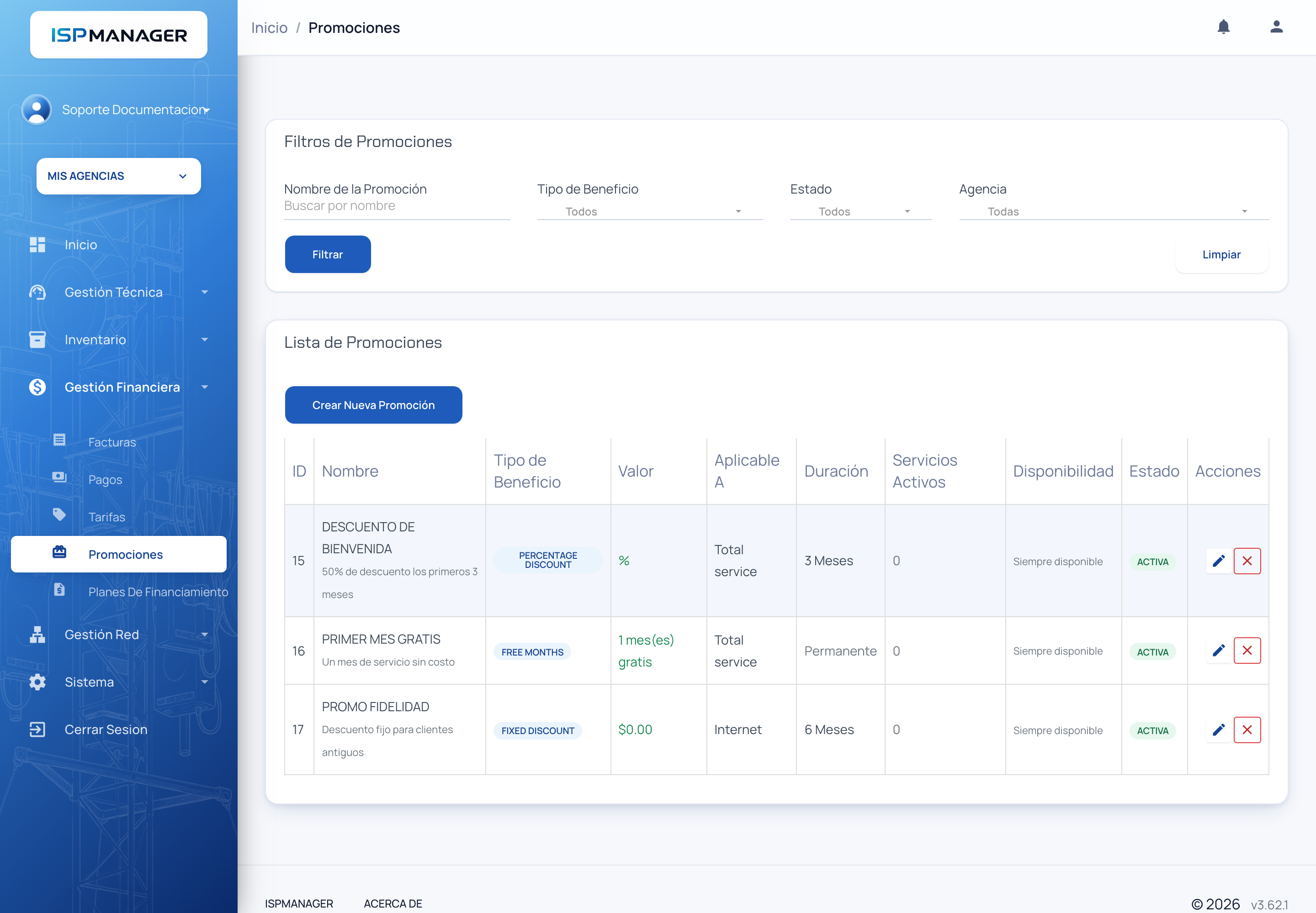 Lista de promociones con filtros por nombre, tipo de beneficio, estado y agencia