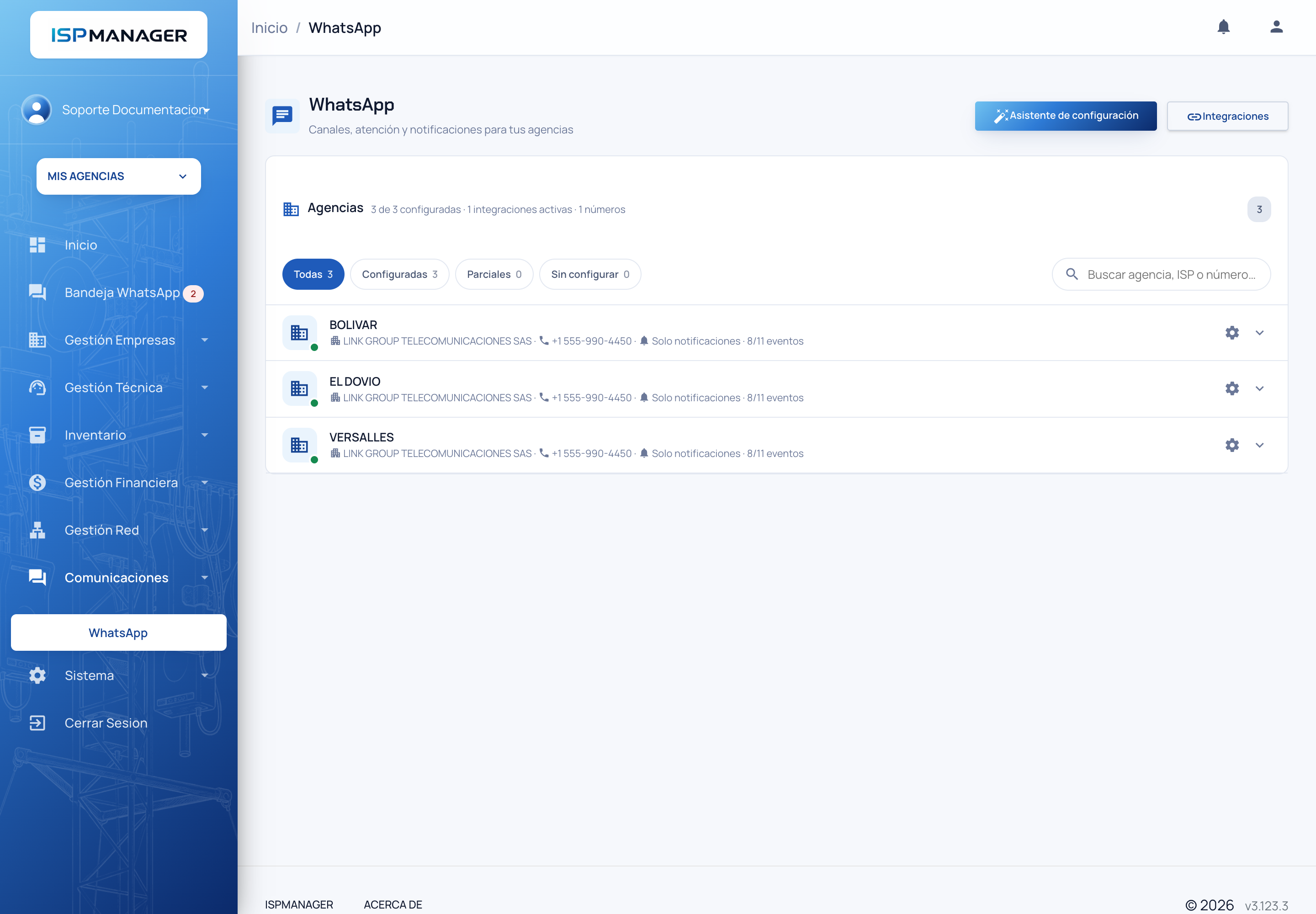 Centro de WhatsApp con las agencias BOLIVAR, EL DOVIO y VERSALLES, su número, su modo de atención y los eventos asignados