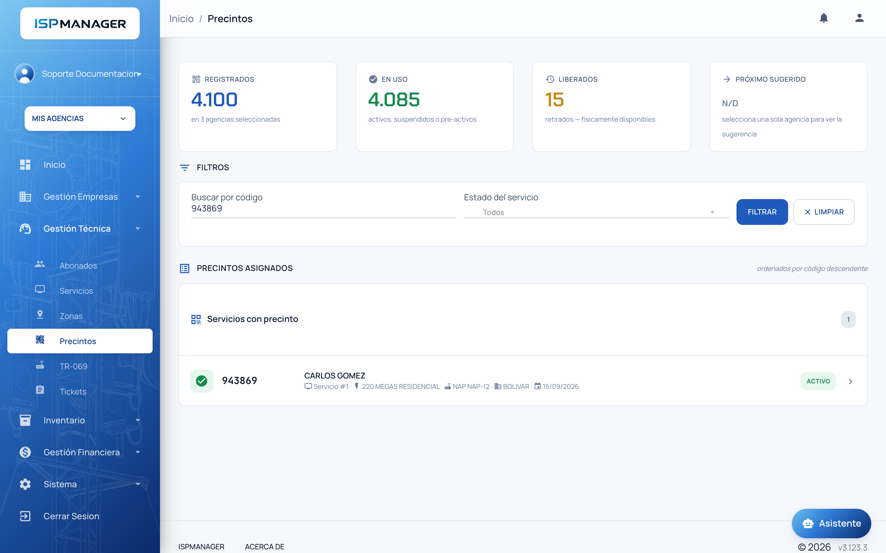 Pantalla de Precintos con el resumen, los filtros y el listado filtrado por un código