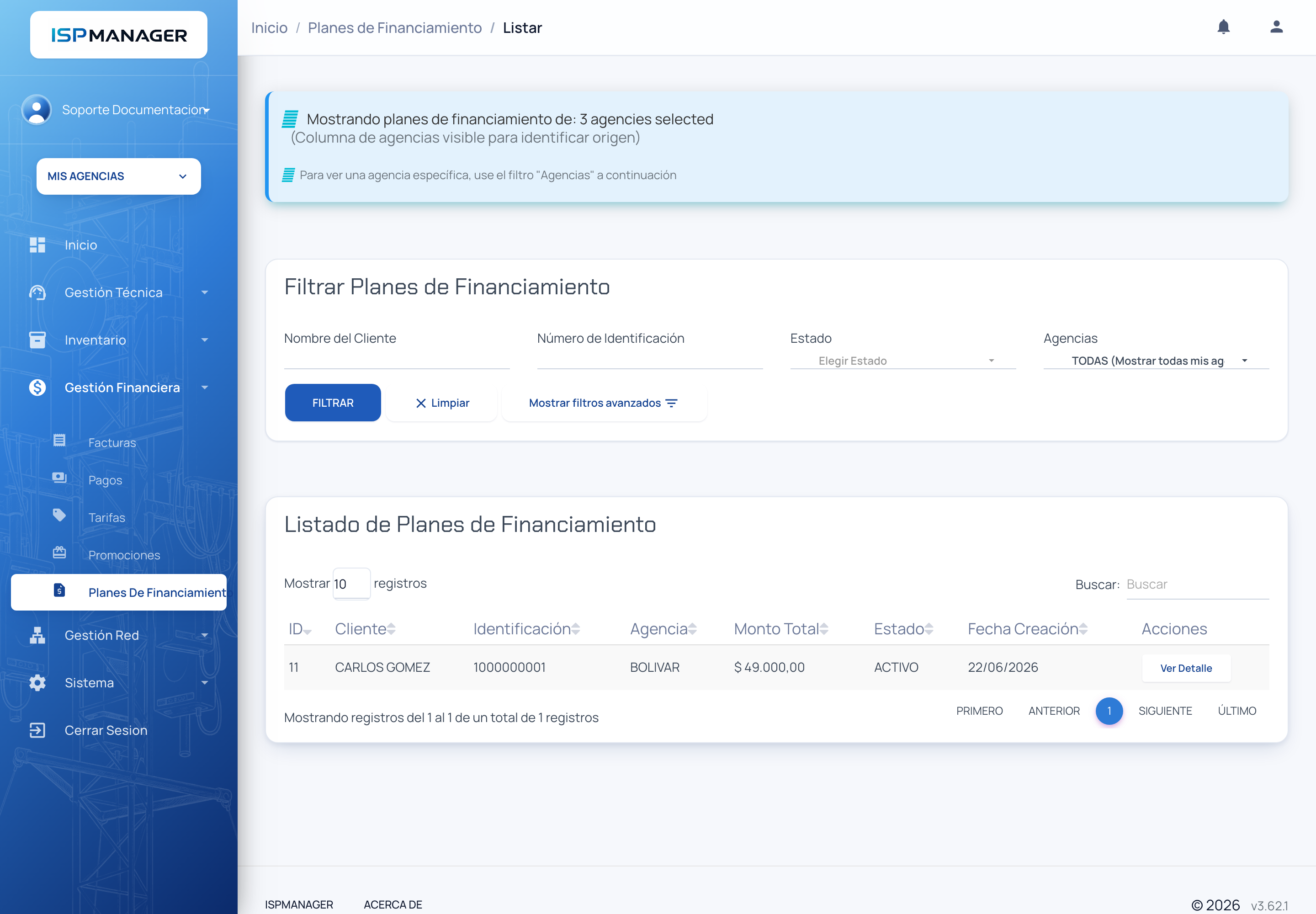 Listado de planes de financiamiento con la sección de filtros y la tabla de resultados