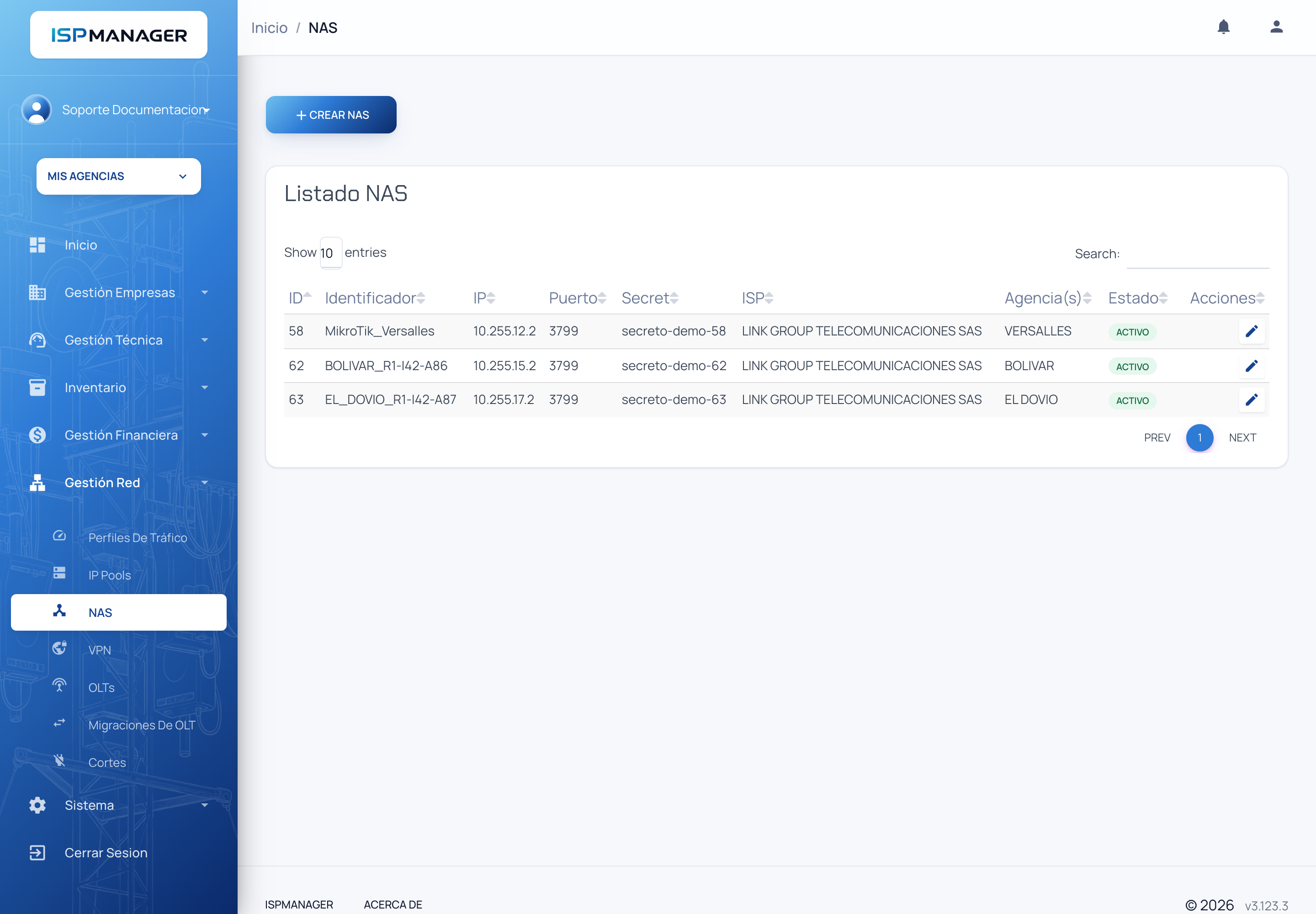 Listado de NAS con identificador, IP, puerto, secret, ISP, agencias y estado de cada equipo