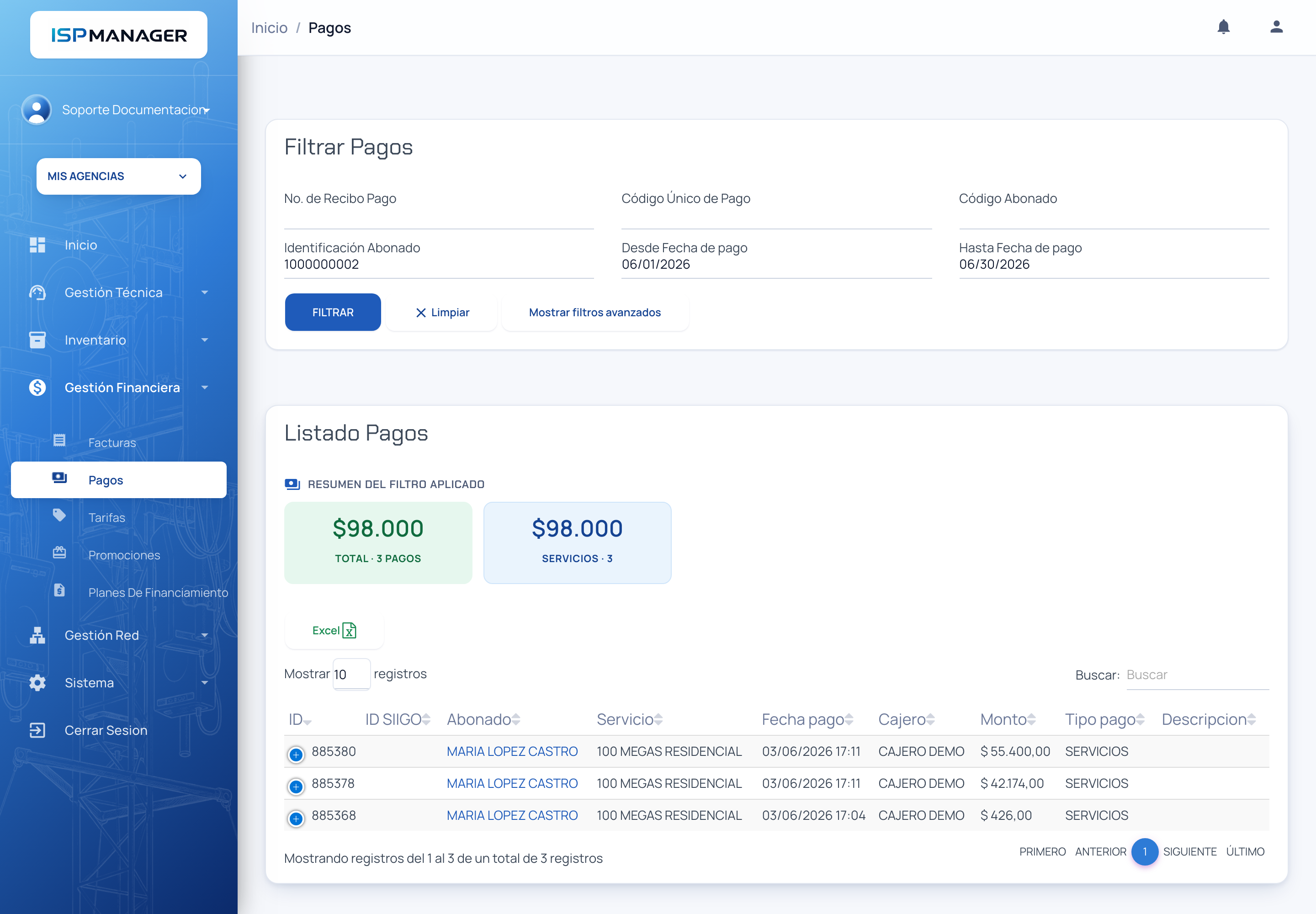 Pantalla principal del módulo de Pagos con el formulario de filtros y el listado de pagos