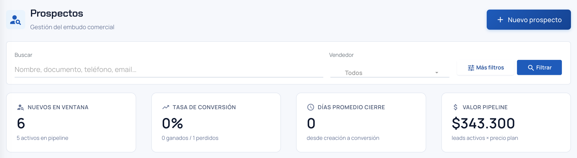 Encabezado de Prospectos con la búsqueda, el filtro de vendedor y los cuatro indicadores