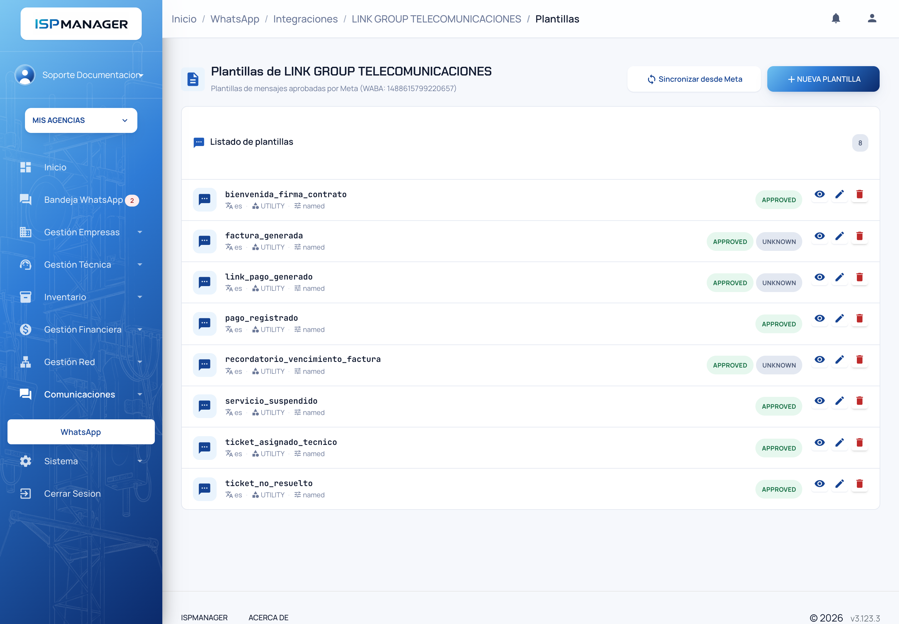 Lista de plantillas de la integración con su idioma, categoría, formato, estado APPROVED y los botones de vista previa, editar y eliminar