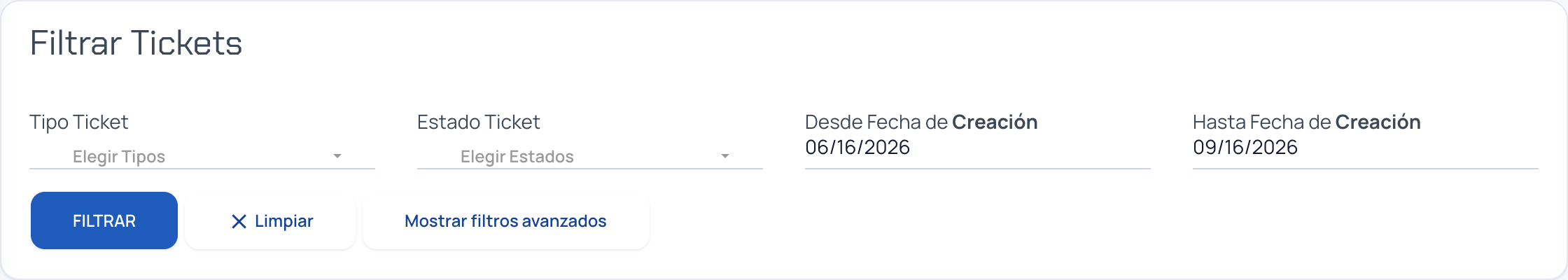 Tarjeta Filtrar Tickets con tipo, estado y fechas de creación
