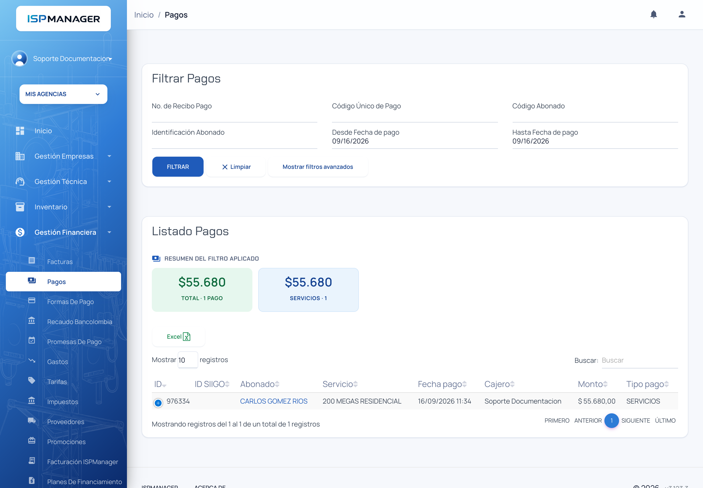 Pantalla de Pagos con el formulario de filtros y el listado con un pago registrado
