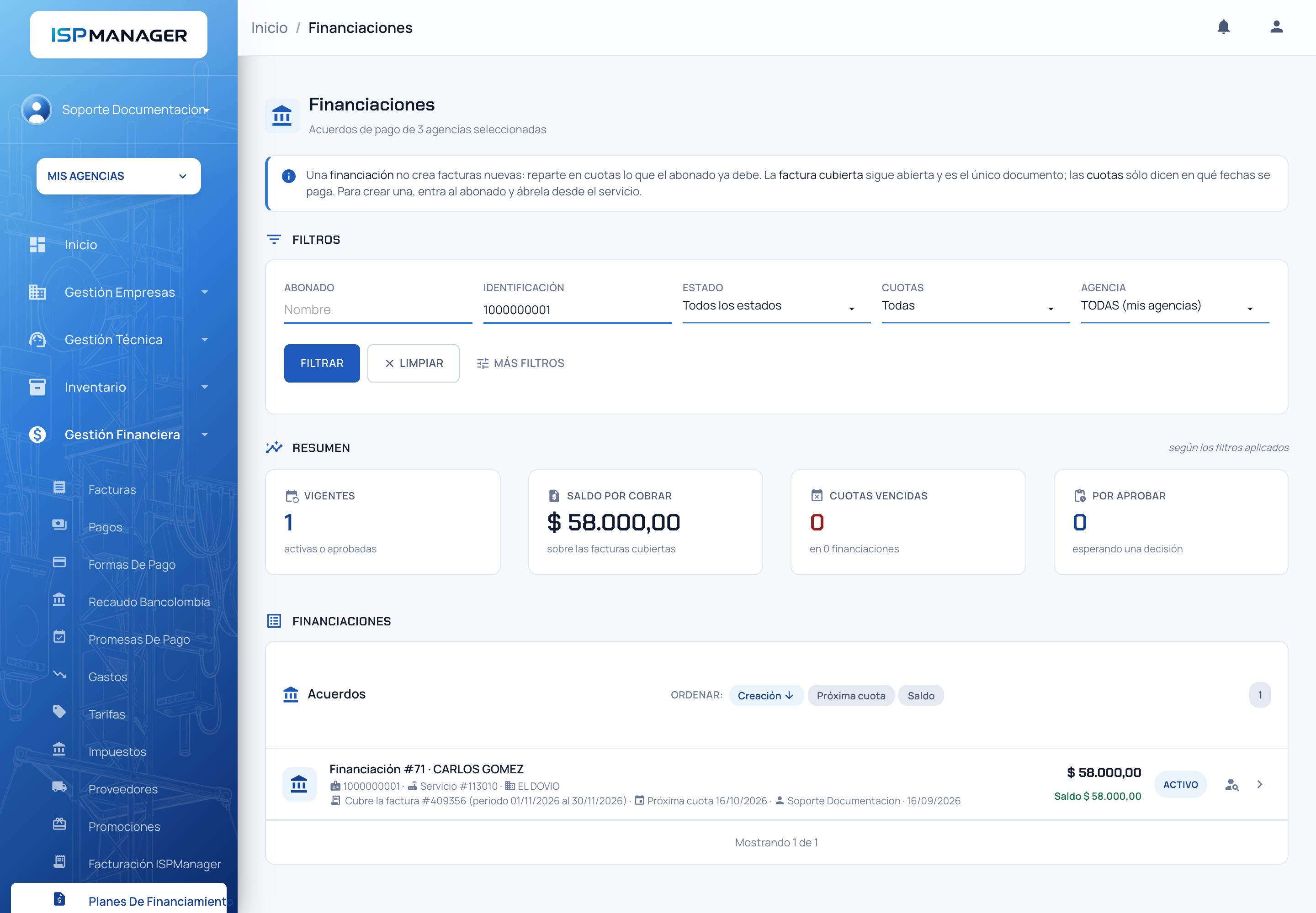 Listado de financiaciones con los filtros, el resumen y una financiación activa