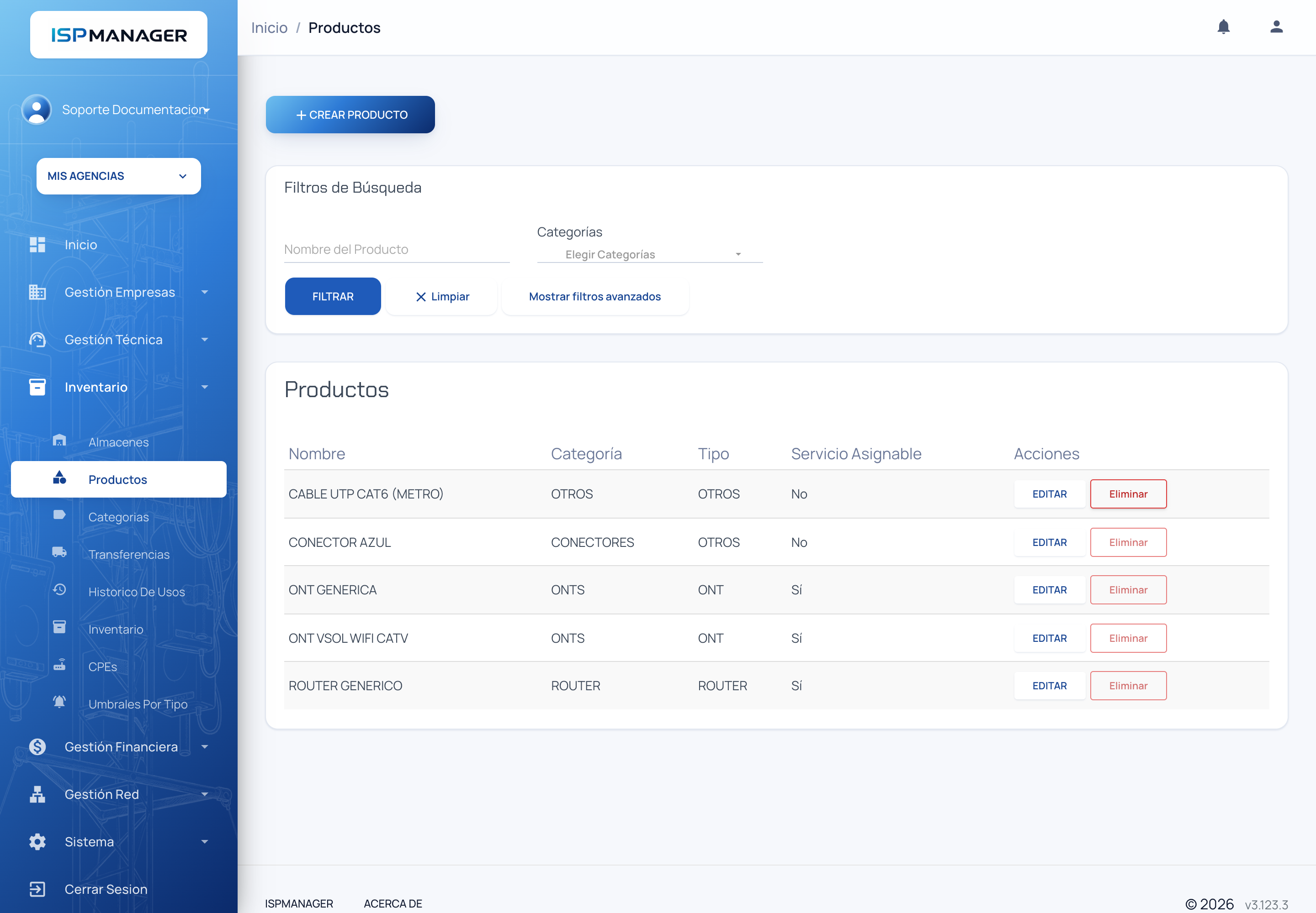 Pantalla de Productos con el botón Crear Producto, los filtros y la lista del catálogo