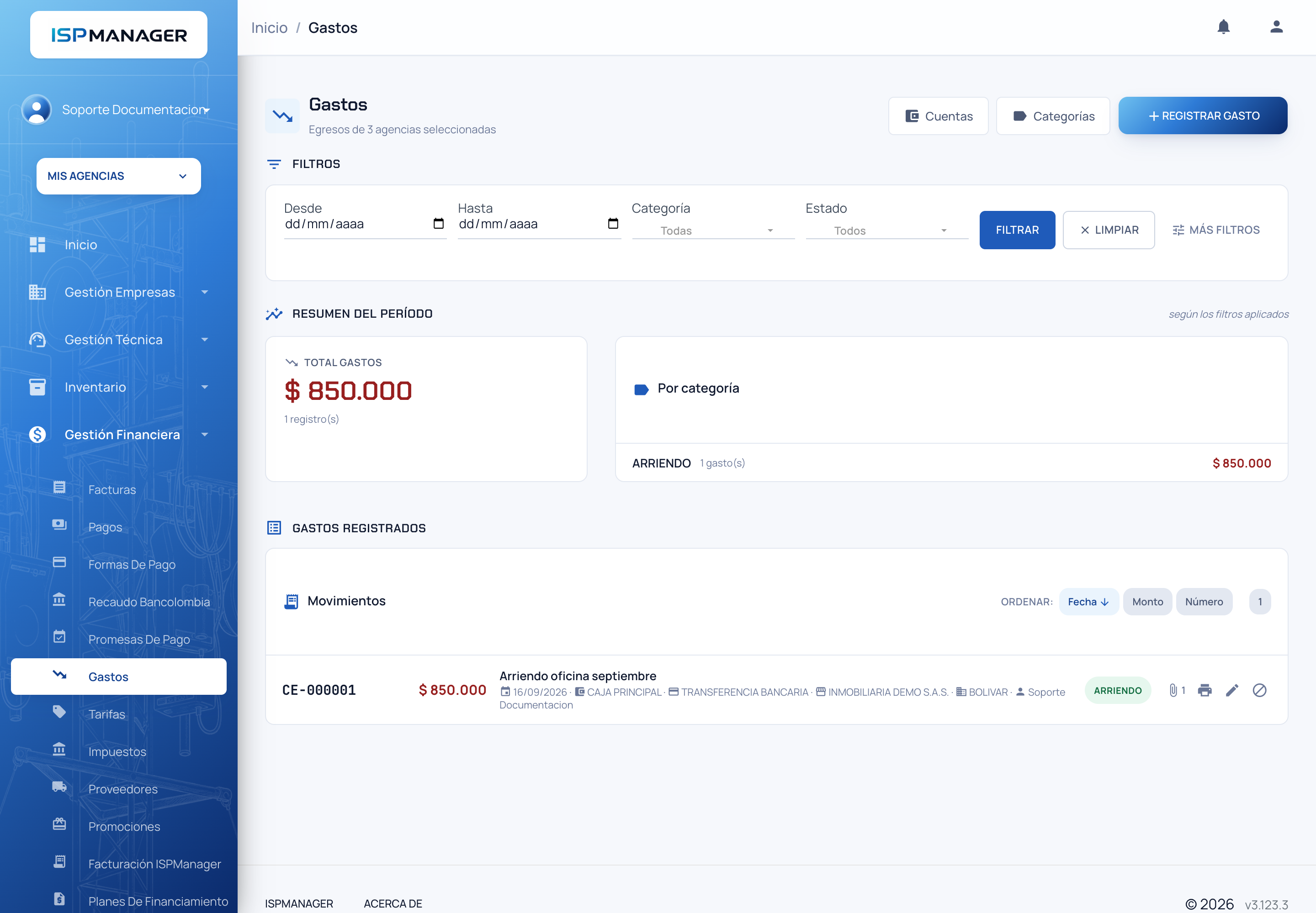 Listado de gastos con los filtros, el resumen del período por categoría y los gastos registrados