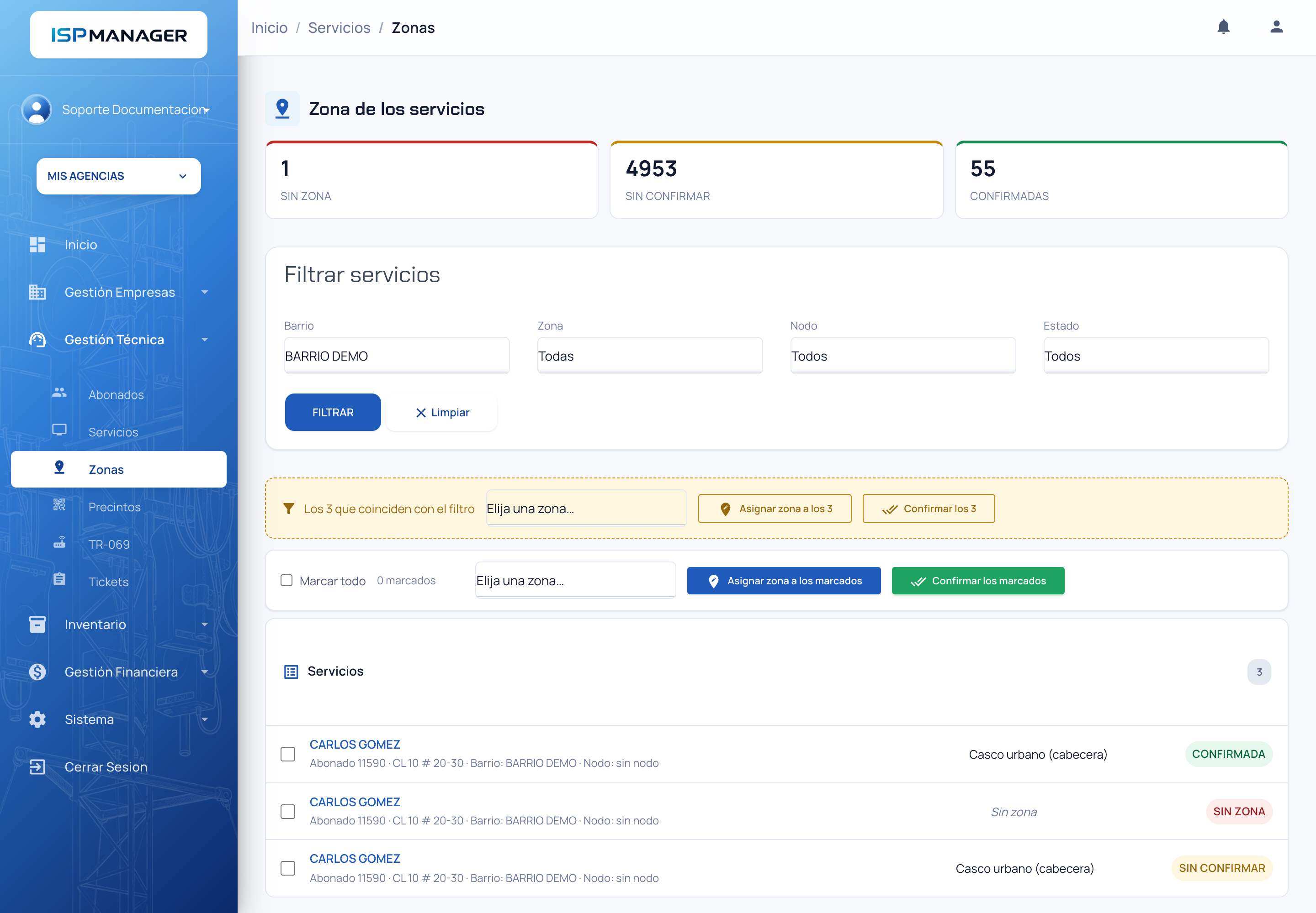 Pantalla Zona de los servicios con los contadores, los filtros y tres servicios en estados Confirmada, Sin zona y Sin confirmar