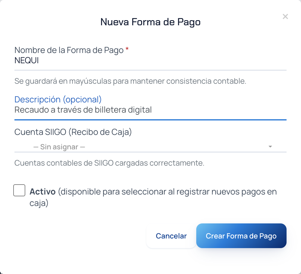 Ventana Nueva Forma de Pago con el nombre, la descripción, la cuenta Siigo y la casilla Activo