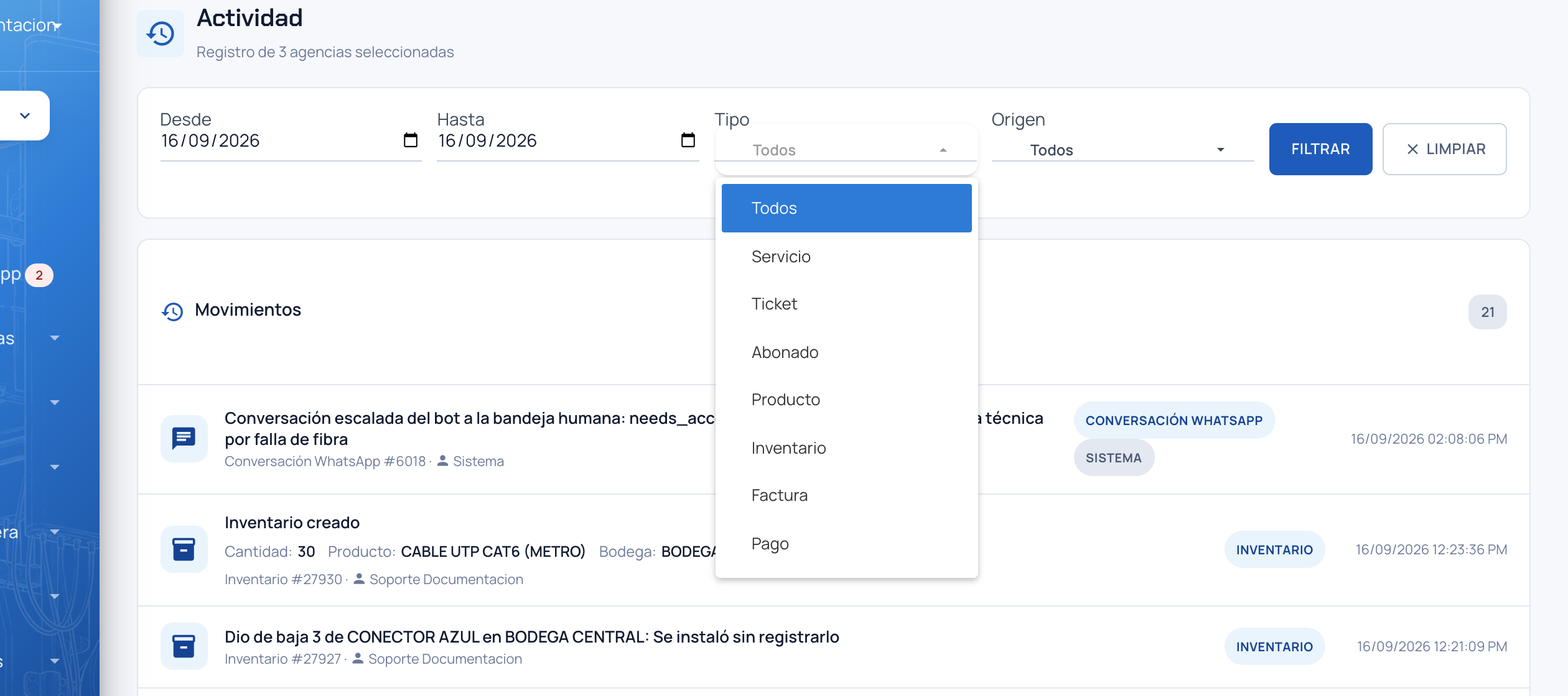 Filtro Tipo abierto con los tipos de registro disponibles