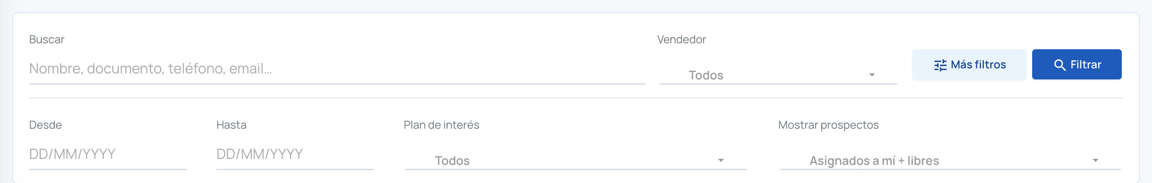 Panel Más filtros con Desde, Hasta, Plan de interés y Mostrar prospectos