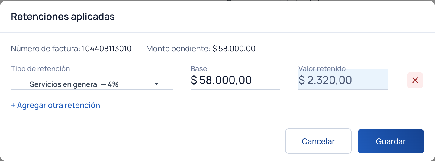 Ventana Retenciones aplicadas con el tipo de retención, la base y el valor retenido calculado