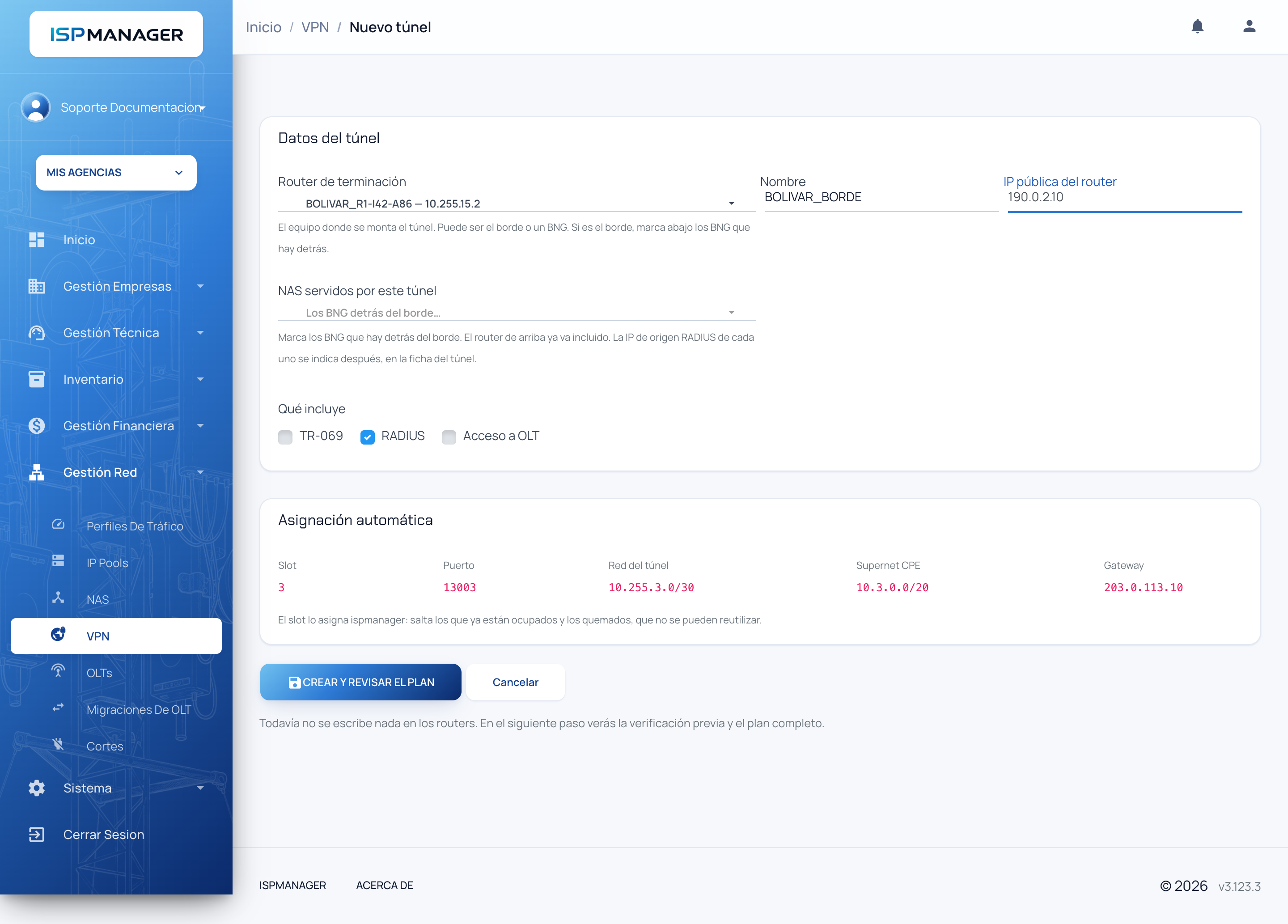 Formulario Nuevo túnel VPN con los datos del túnel y la asignación automática