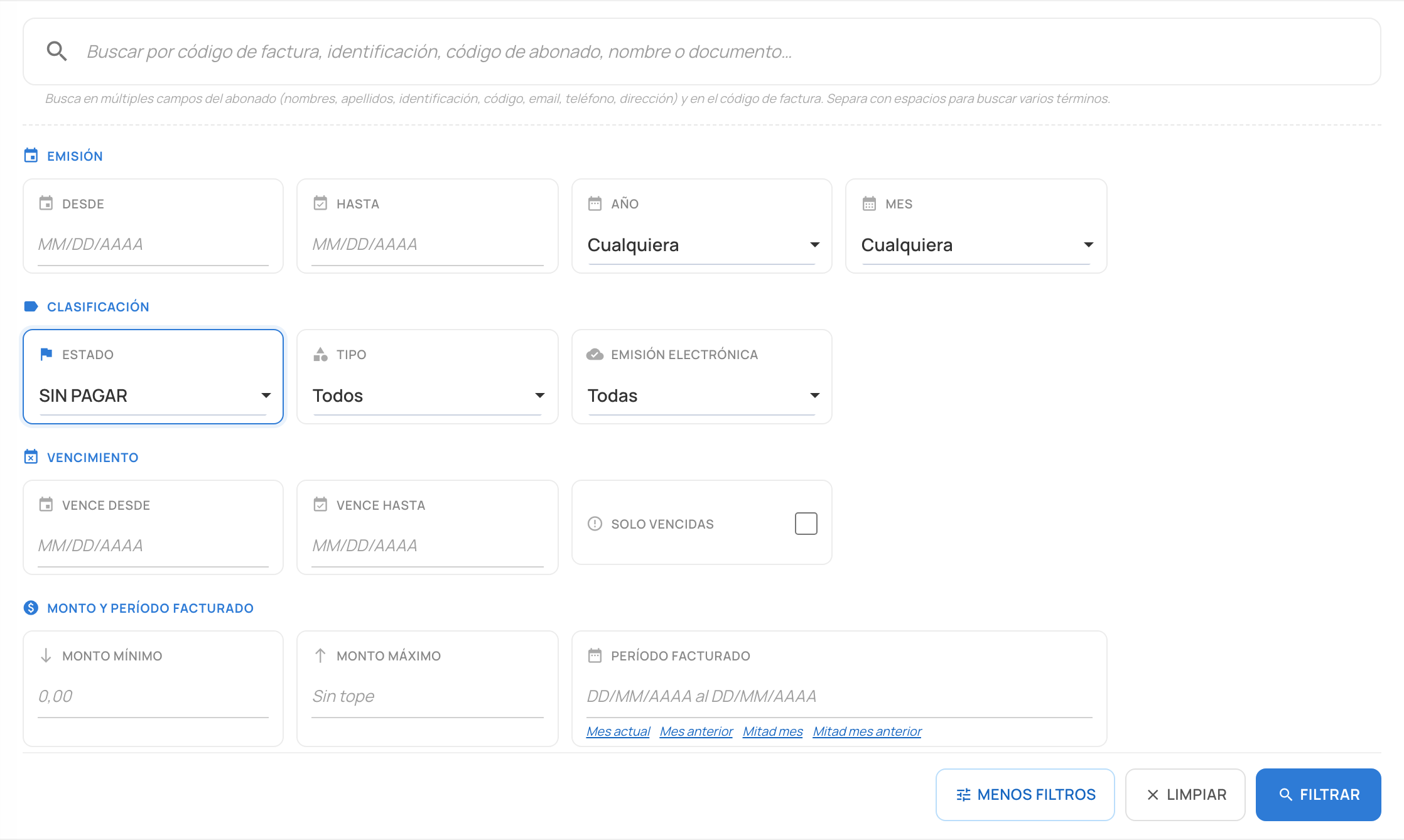 Panel de filtros de facturas con la barra de búsqueda y los filtros avanzados desplegados