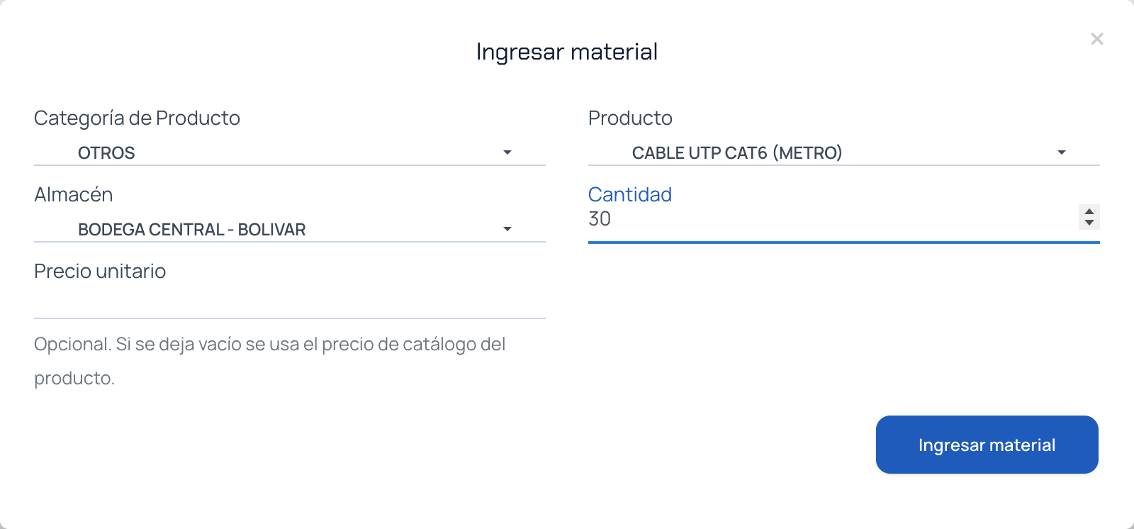 Ventana Ingresar material para un material de consumo, con el campo Precio unitario opcional