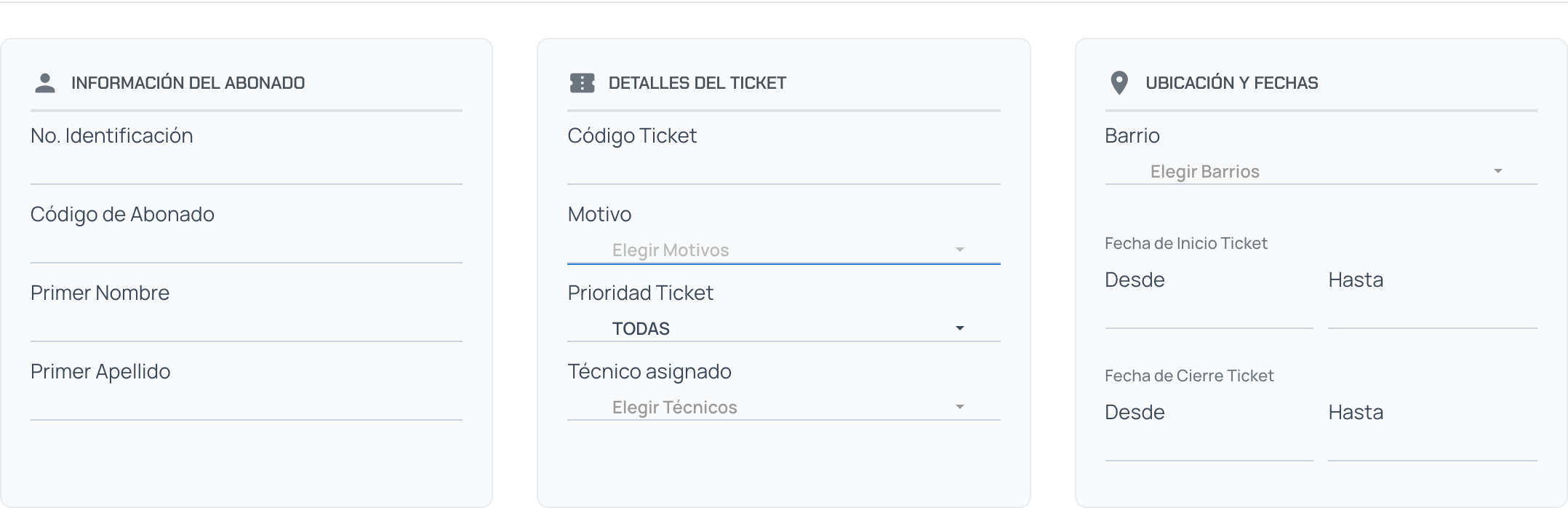 Filtros avanzados: datos del abonado, detalles del ticket, ubicación y fechas