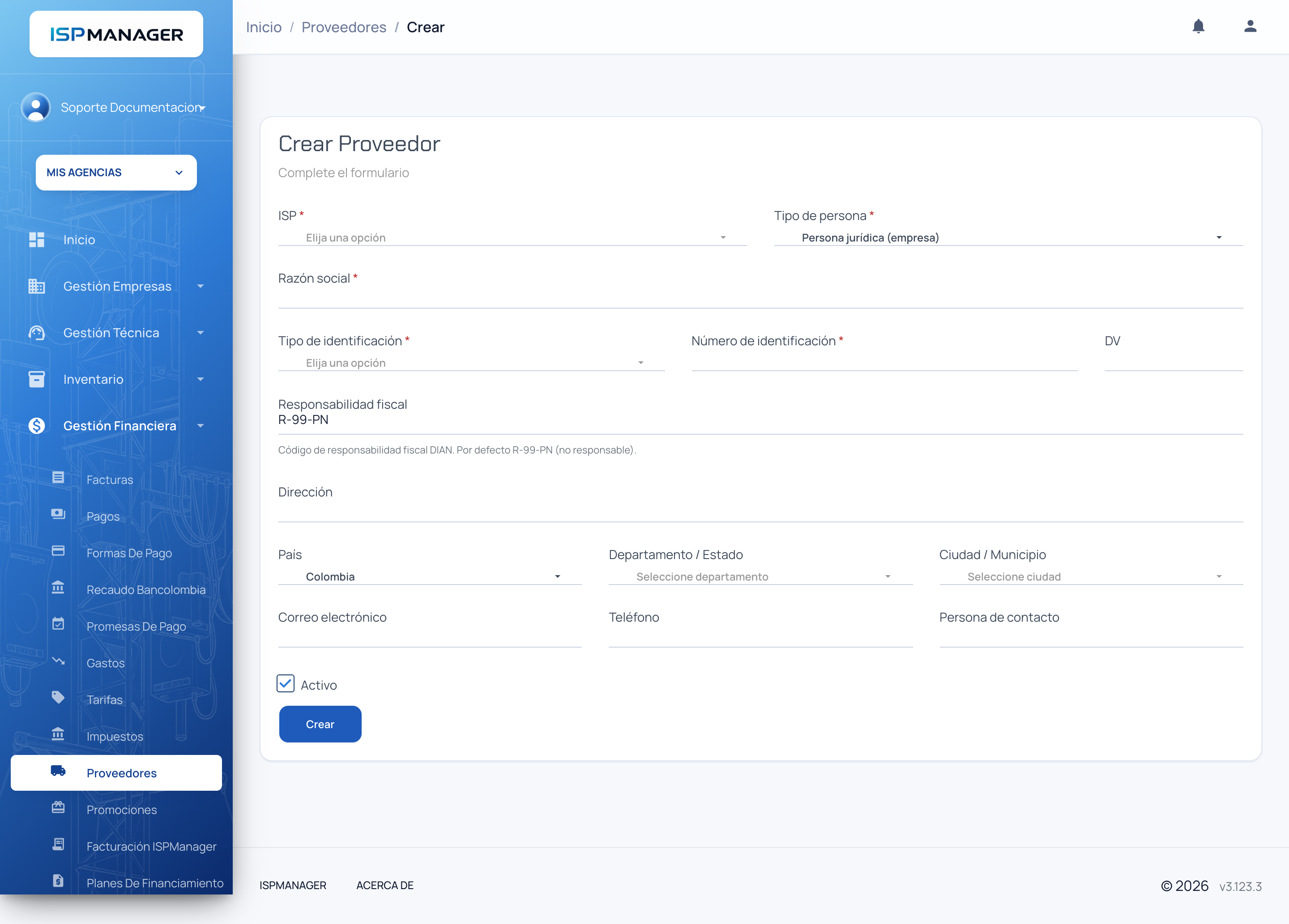 Formulario Crear Proveedor con el tipo de persona, la identificación, la ubicación y los datos de contacto