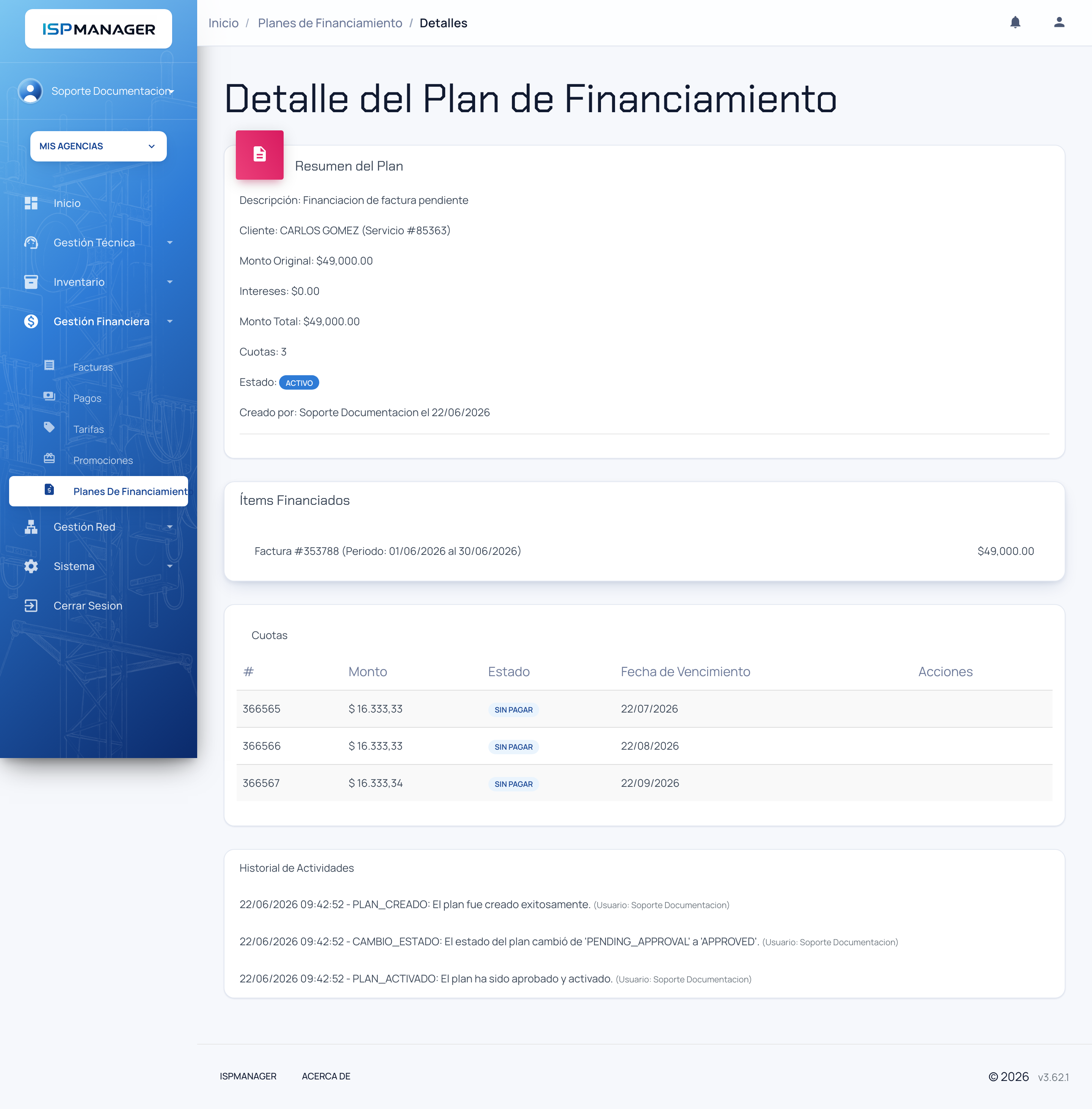 Ficha de detalle de un plan de financiamiento con el resumen del plan, los ítems financiados y las cuotas