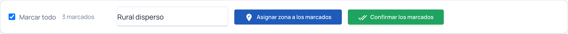Barra de acciones con Marcar todo, 3 marcados, la zona elegida y los botones para asignar o confirmar