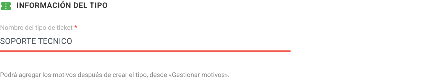 Formulario con el campo de nombre del tipo de ticket