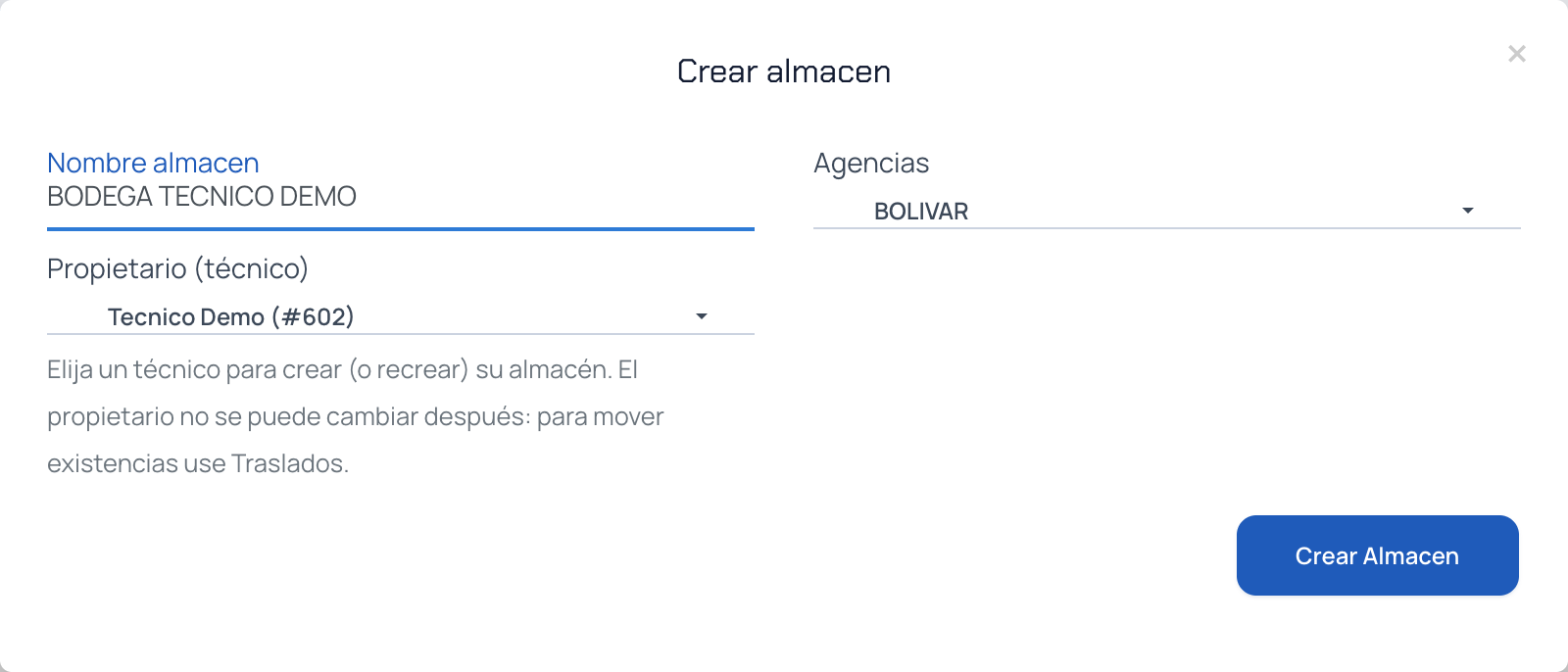 Ventana Crear almacen con el nombre, la agencia y el propietario técnico elegido