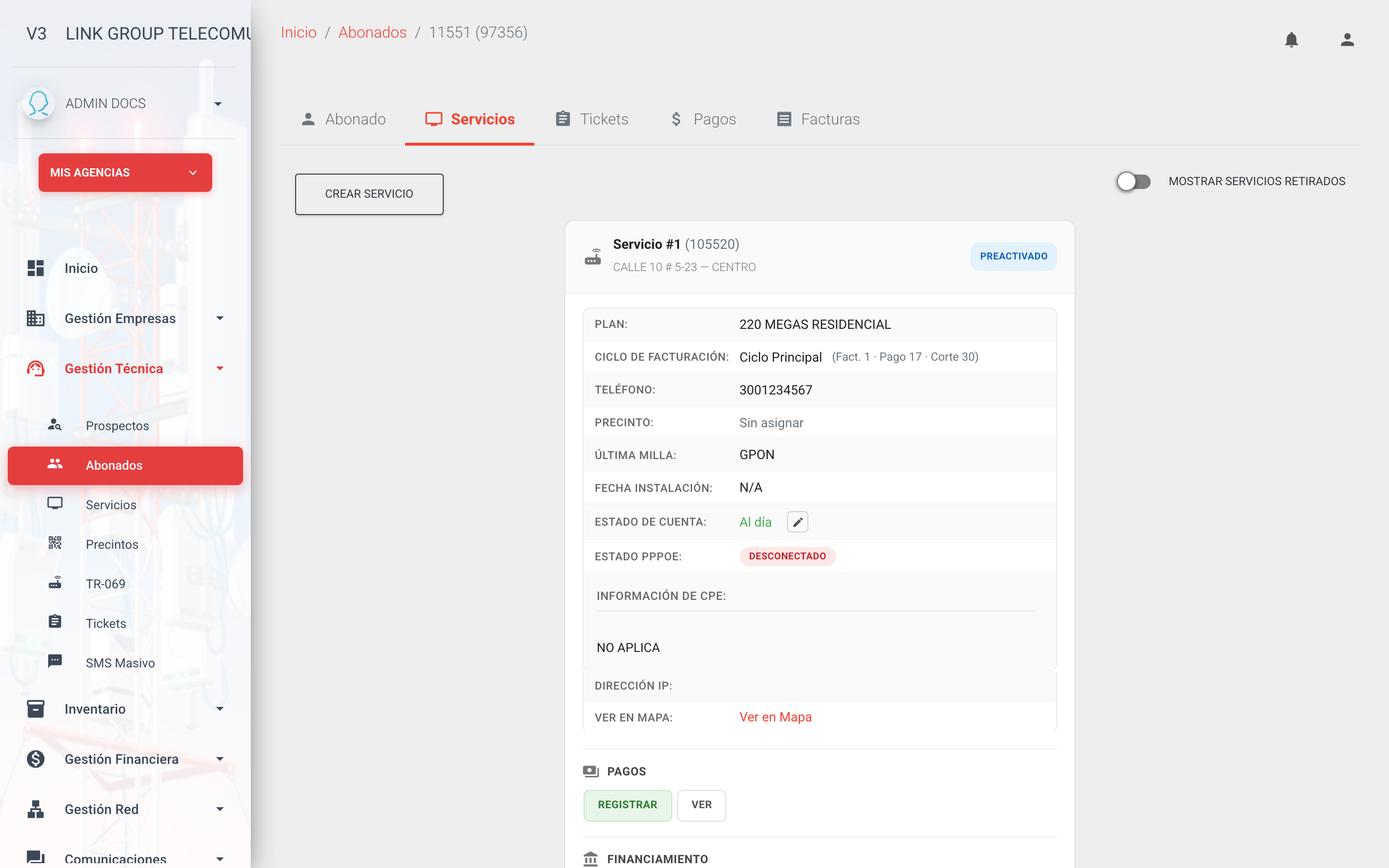 Servicio preactivado sin información de conexión del equipo