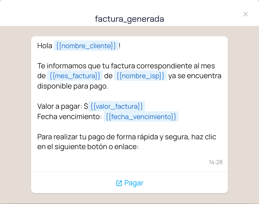Vista previa de la plantilla factura_generada con sus variables y el botón Pagar