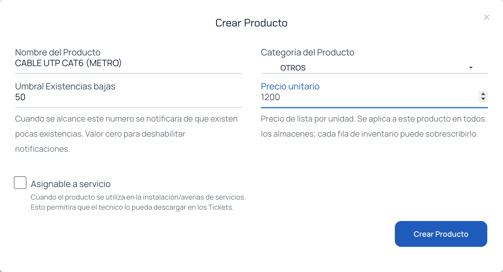 Ventana Crear Producto con nombre, categoría, umbral, precio unitario y la casilla Asignable a servicio