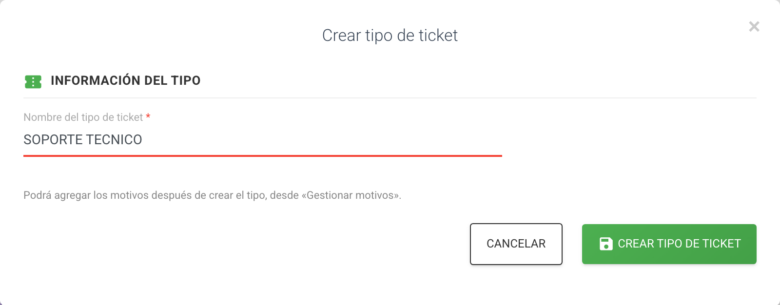Botón para guardar el nuevo tipo de ticket
