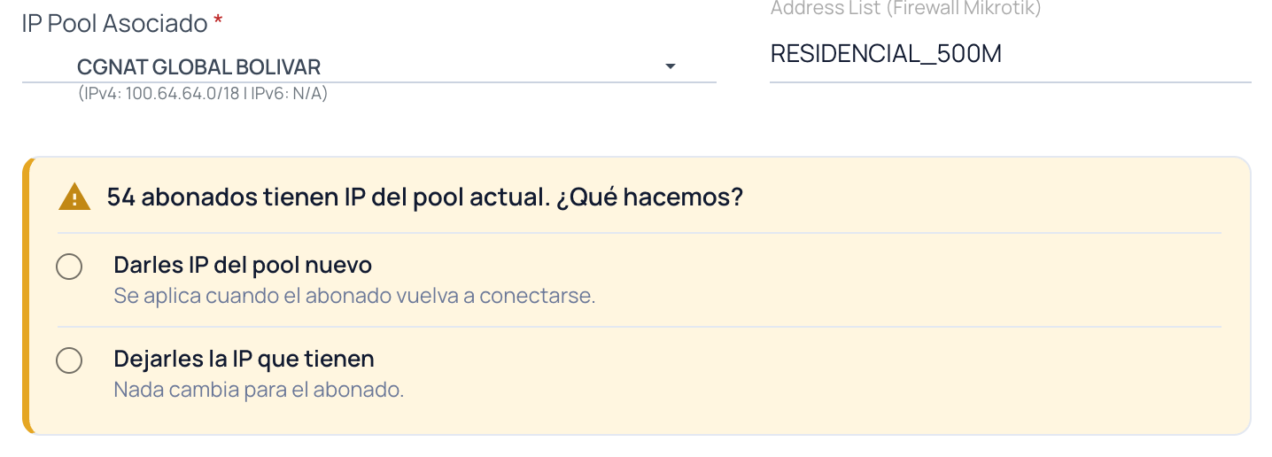 Tarjeta de confirmación al cambiar el pool de un perfil con 54 abonados afectados