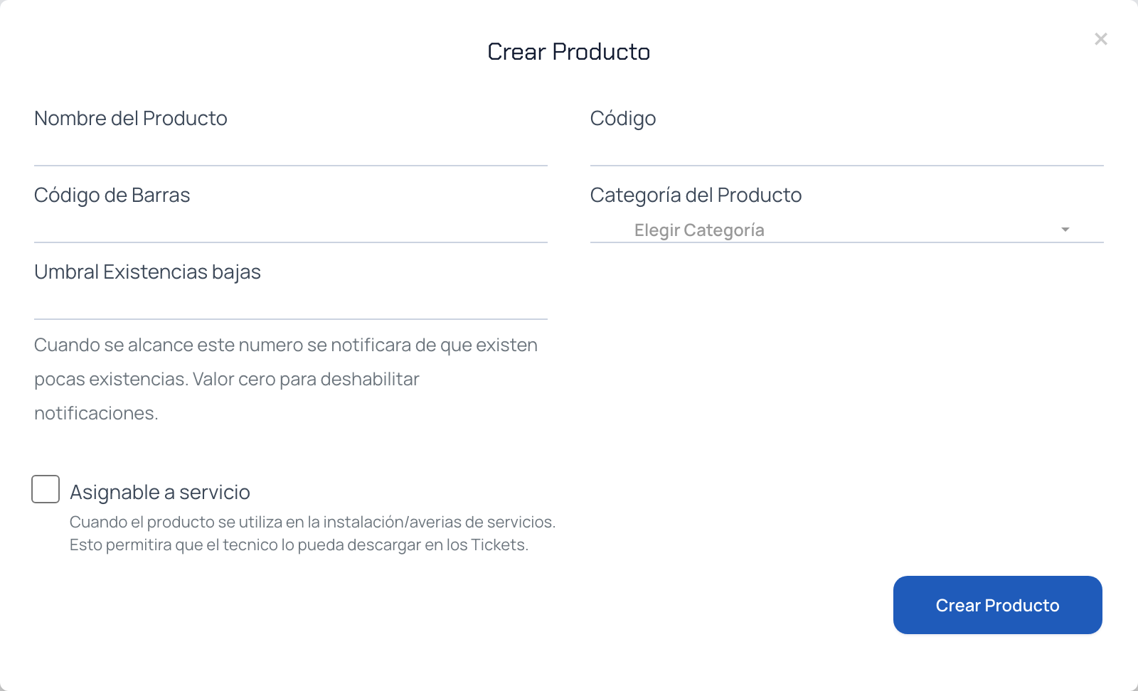 Formulario de crear producto con el campo "Umbral Existencias bajas" y su texto de ayuda