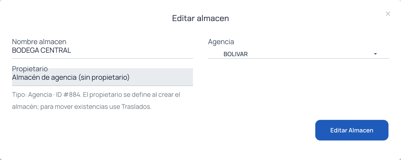 Ventana Editar almacen con el nombre, la agencia y el propietario de solo lectura