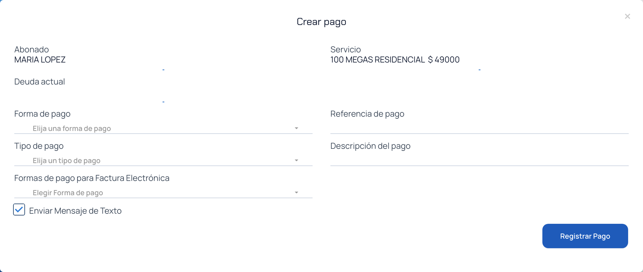 Ventana para registrar el pago de un cliente con sus campos