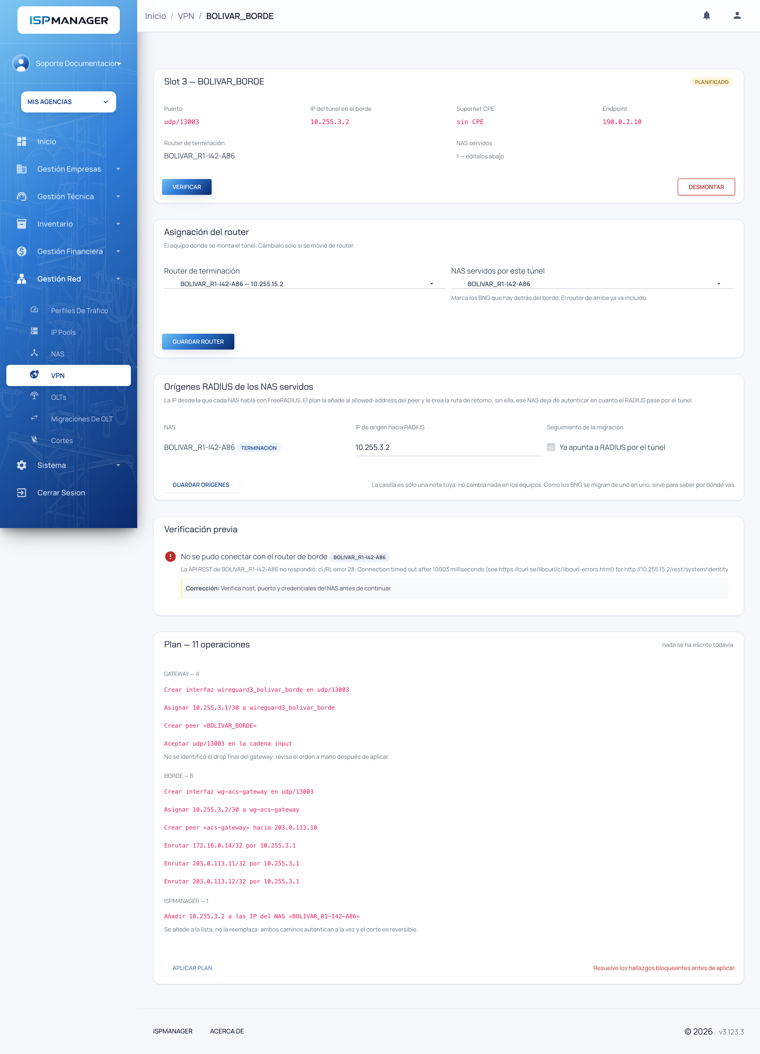Ficha de un túnel planificado con la asignación del router, los orígenes RADIUS, la verificación previa y el plan