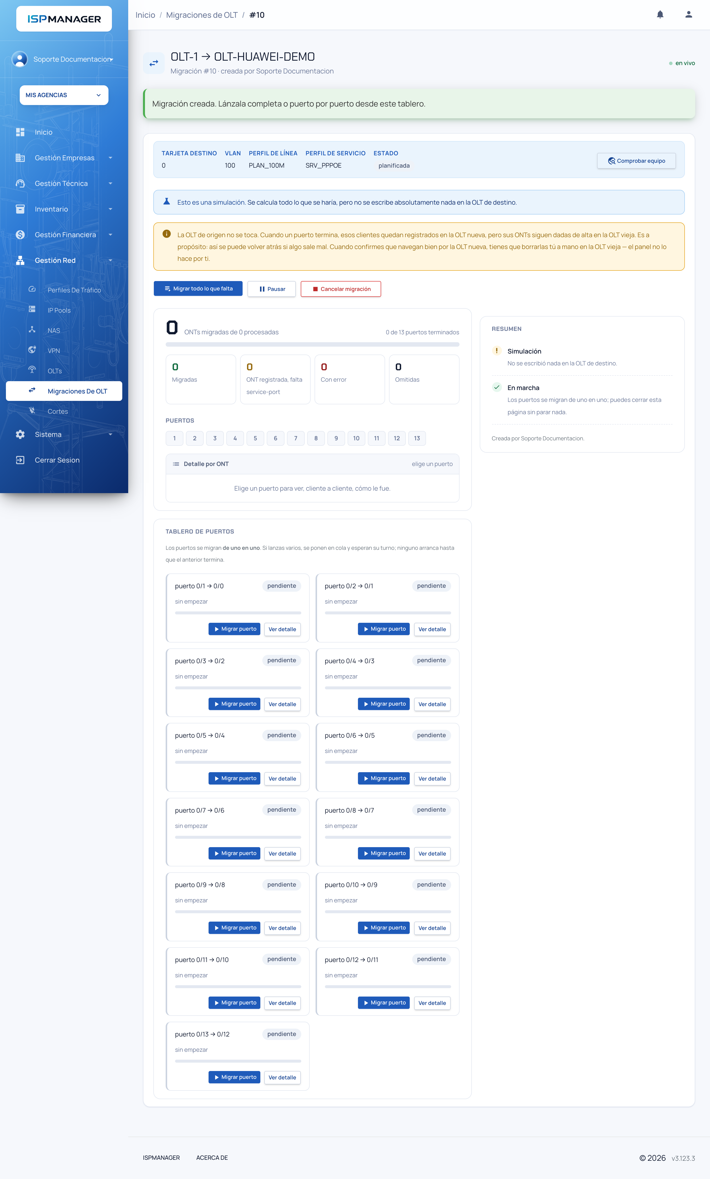 Tablero de una migración planificada en simulación, con los avisos, los botones de control y las tarjetas de puertos