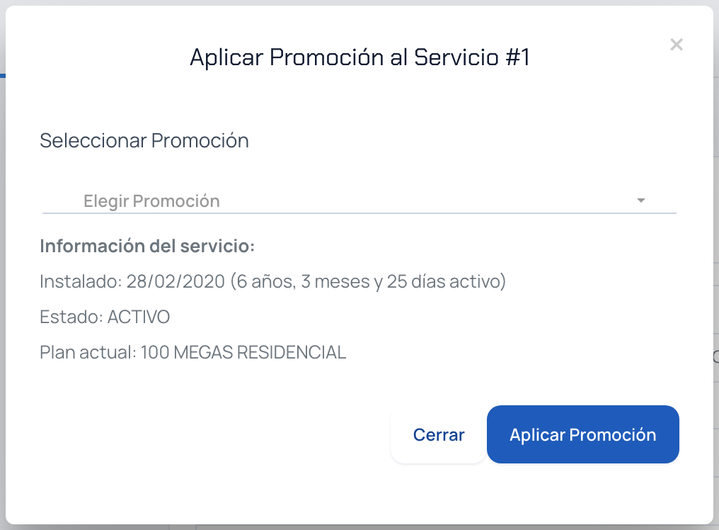 Ventana para aplicar una promoción a un servicio con la lista de promociones disponibles