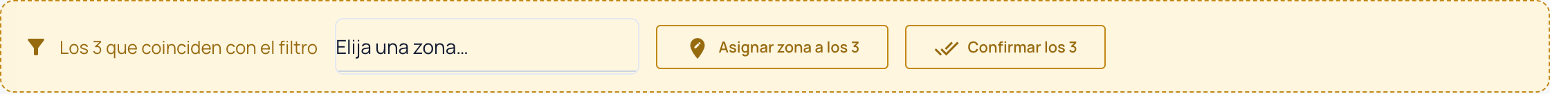 Barra Los 3 que coinciden con el filtro con los botones Asignar zona a los 3 y Confirmar los 3