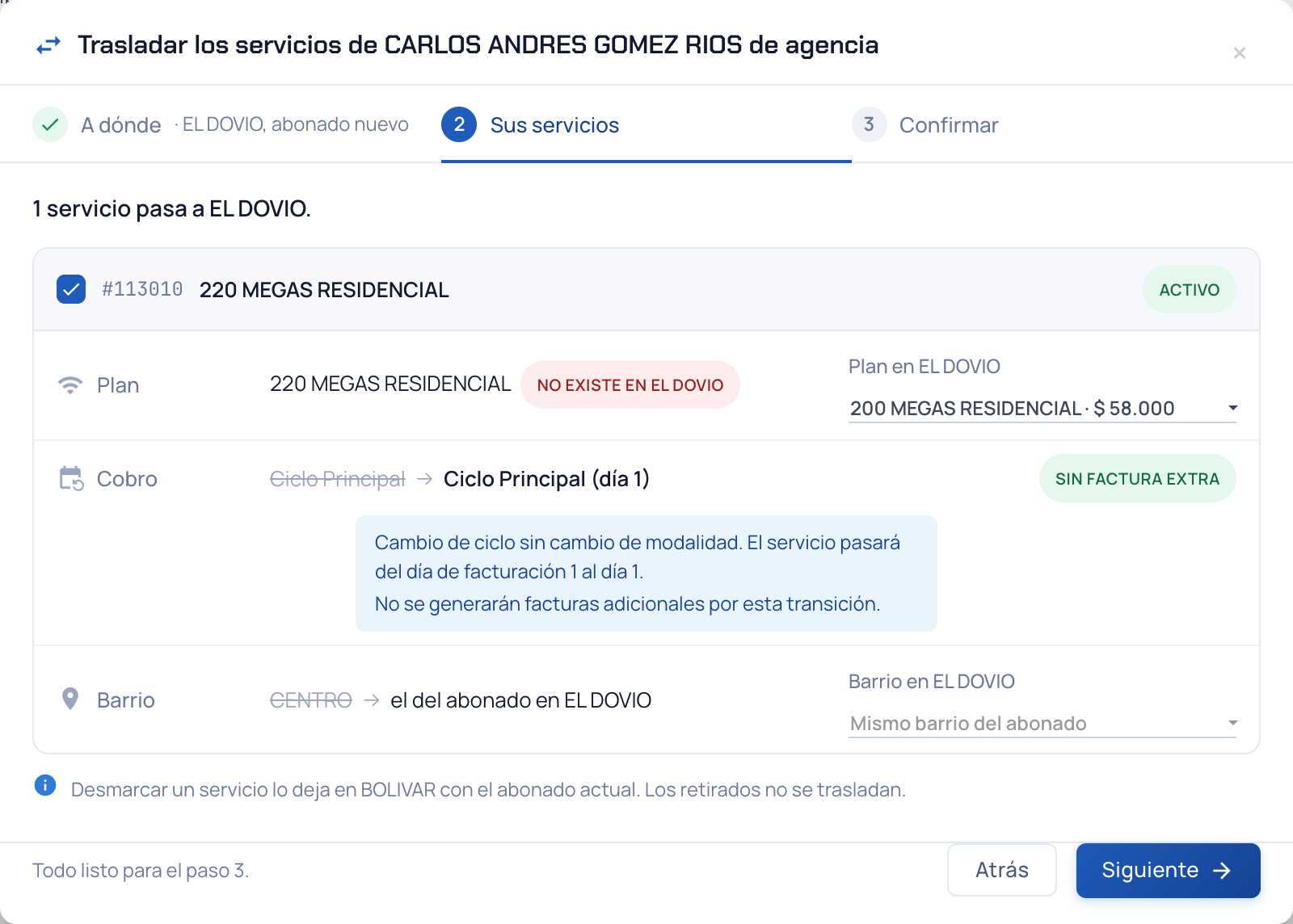 Paso 2 del asistente con el plan que no existe en destino, el ciclo de cobro y el barrio del servicio