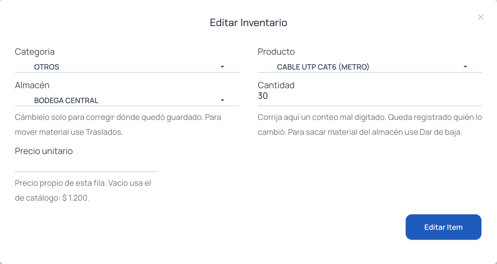 Ventana Editar Inventario con almacén editable, cantidad y precio unitario con el precio de catálogo como referencia