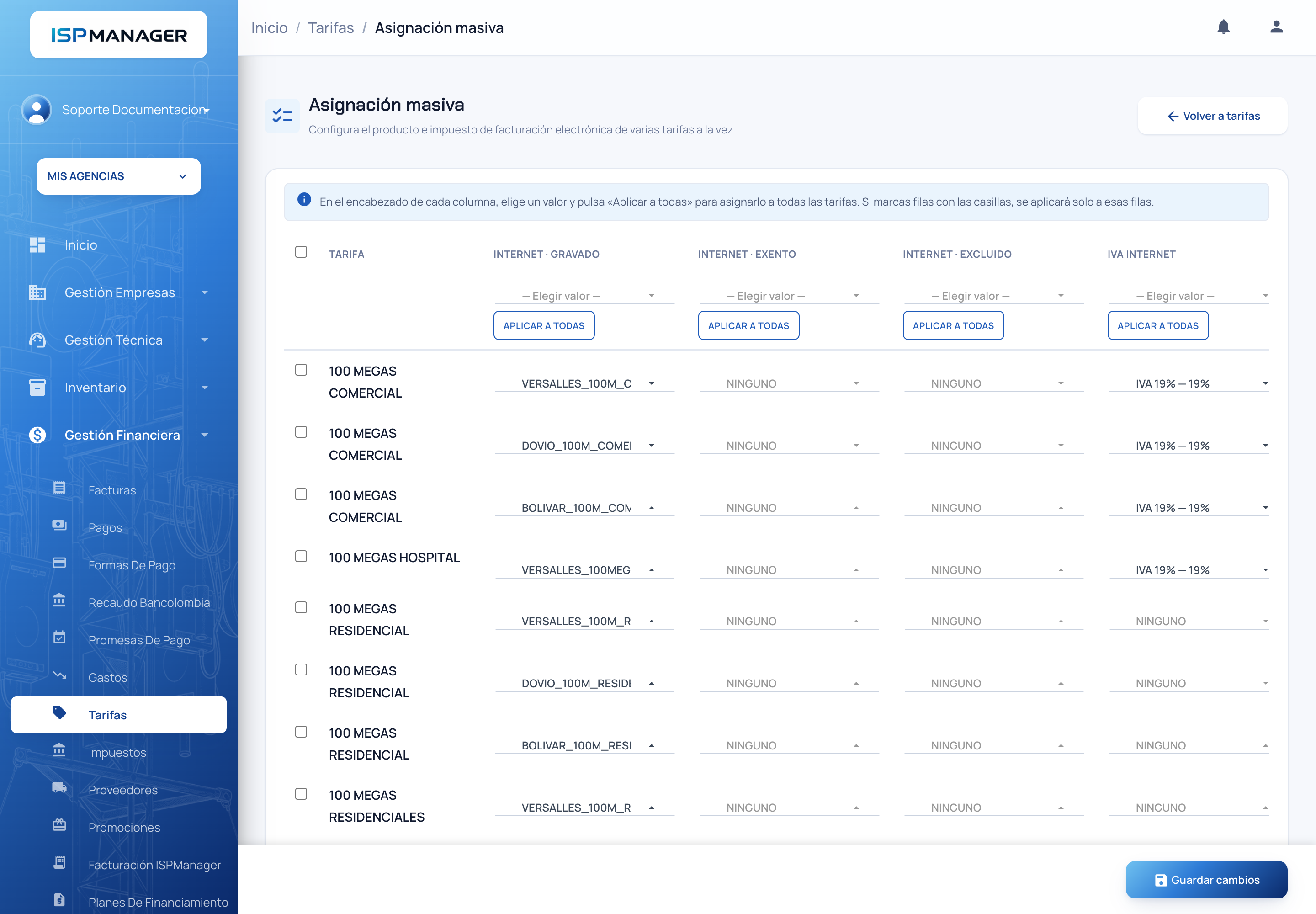 Cuadrícula de asignación masiva con un plan por fila y las columnas de producto e impuesto del facturador