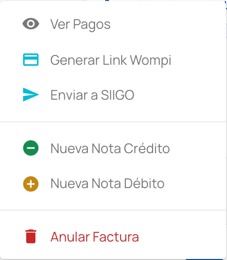 Menú de acciones de una factura desplegado con todas las opciones disponibles