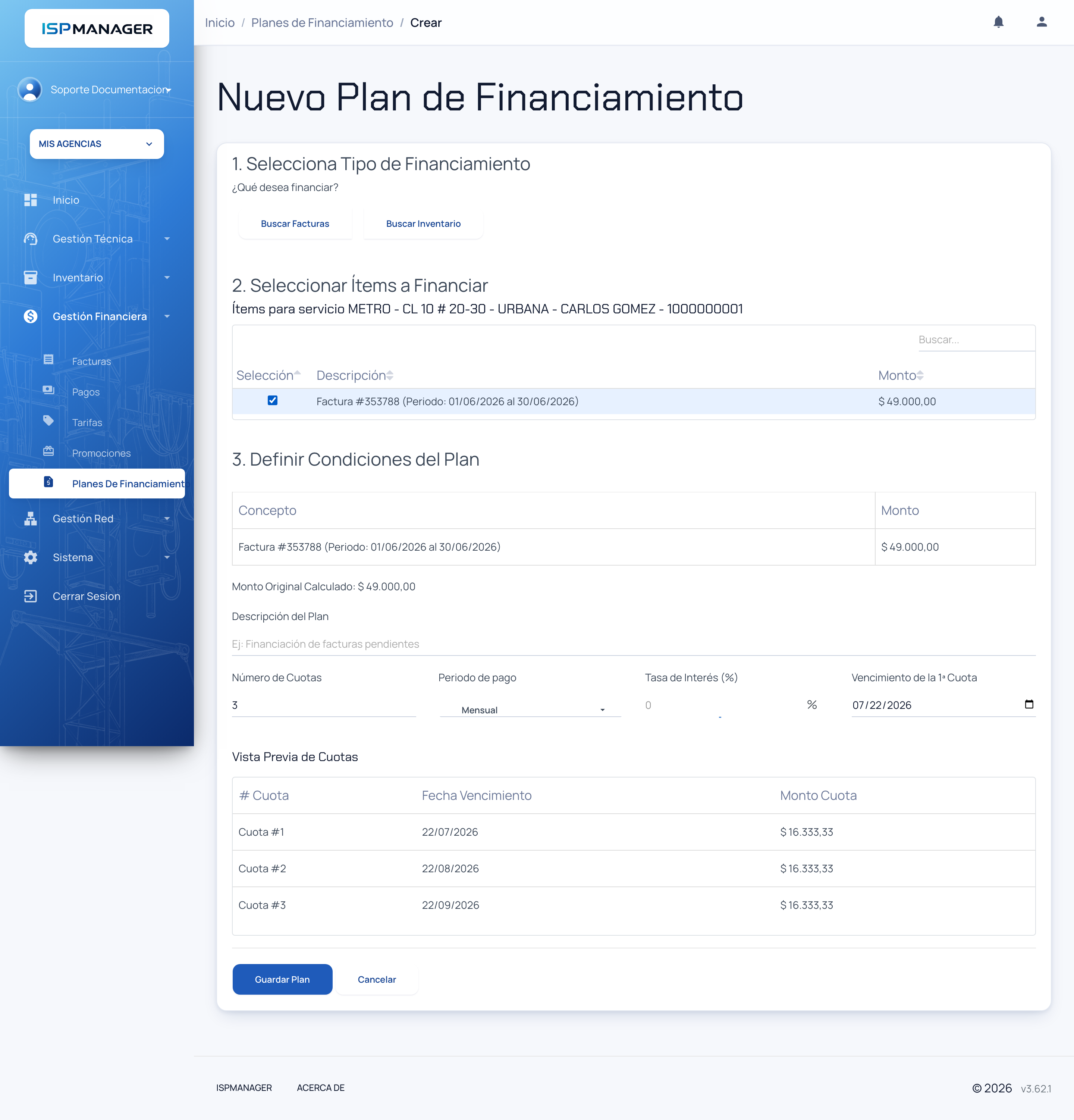 Pantalla de creación de un plan de financiamiento con la selección de ítems y las condiciones del plan