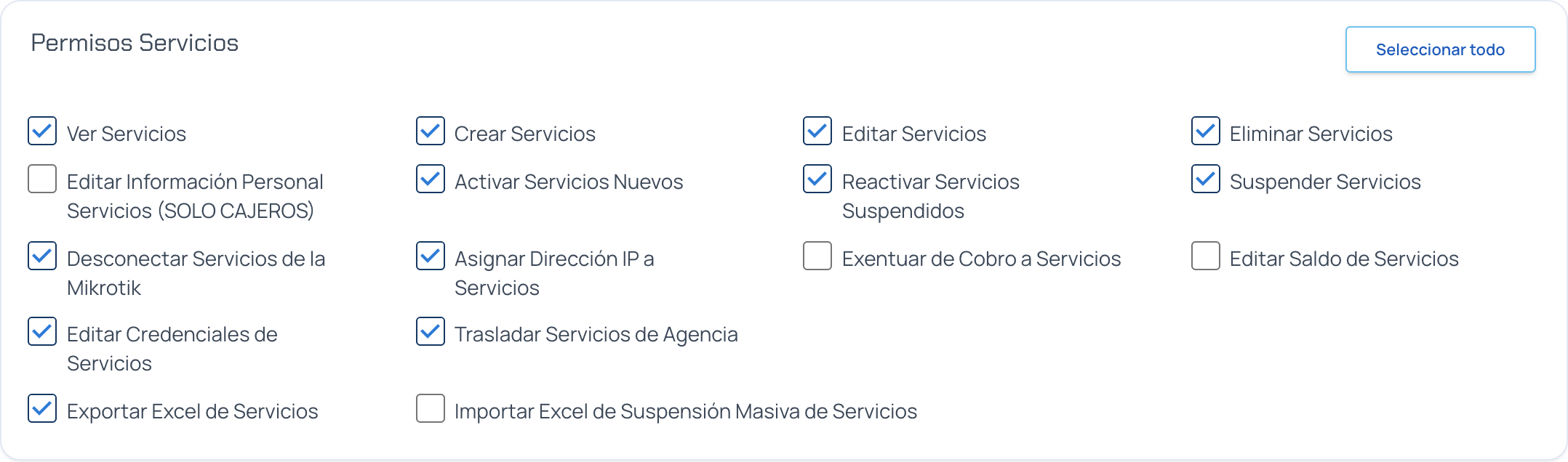 Bloque Permisos Servicios del módulo de Usuarios con la opción Editar Credenciales de Servicios