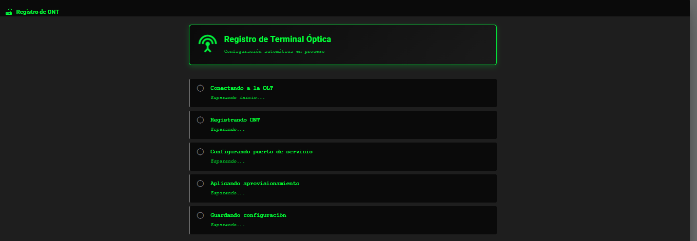 Ventana de progreso del registro y configuración del equipo en la OLT