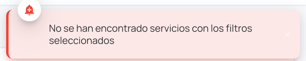 Aviso rojo "No se han encontrado servicios con los filtros seleccionados"